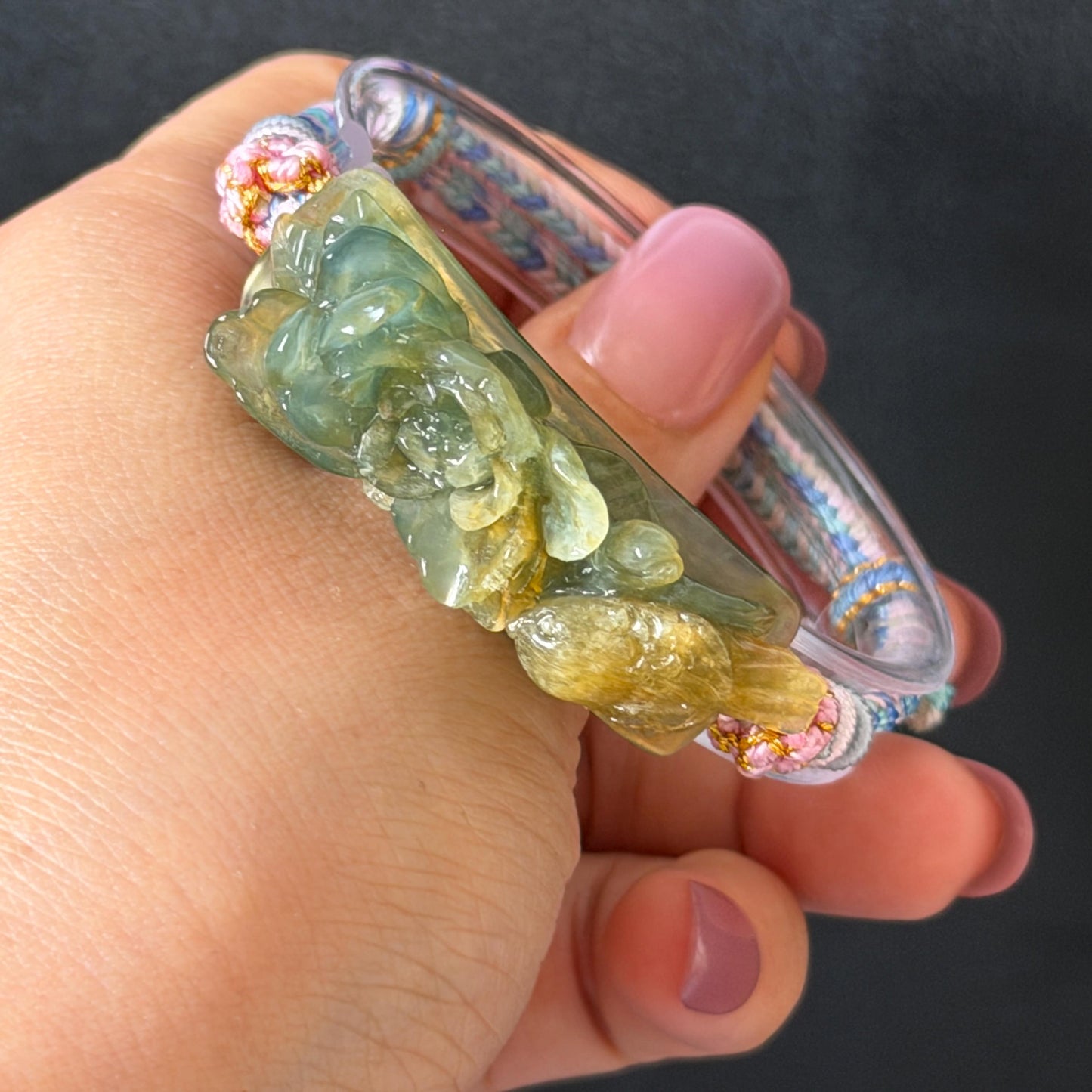 Natural Xiu Jade Serpentine Hand Carved Bird & Flower Charm Braided Bracelet: Green and Yellow Jade Adjustable Bracelet 3D Stone Carving adjustable bracelet woven bracelet rope 3D jade carving green jade yellow jade multicolour jade natural untreated jade handcrafted charm bead bracelet handmade bracelet bird carving flower carving hand engraved charm chinese braided bracelet vintage bracelet antique bracelet lucky rope peony carving