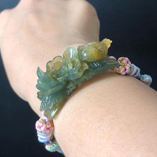 Natural Xiu Jade Serpentine Hand Carved Bird & Flower Charm Braided Bracelet: Green and Yellow Jade Adjustable Bracelet 3D Stone Carving adjustable bracelet woven bracelet rope 3D jade carving green jade yellow jade multicolour jade natural untreated jade handcrafted charm bead bracelet handmade bracelet bird carving flower carving hand engraved charm chinese braided bracelet vintage bracelet antique bracelet lucky rope peony carving