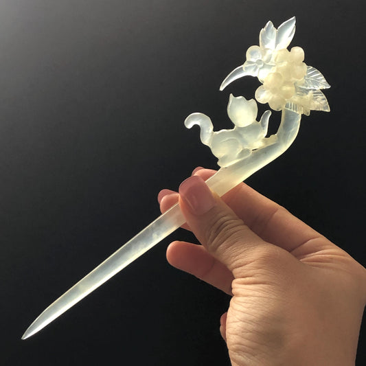 Xiu Jade Serpentine Hand Carved Cat Kitten & Flowers Hair Pin: Natural Bicolour White Green Jade Handcrafted Hanfu Hair Stick | Asian Chinese Vintage Style Hairpin Gift for her hand engraved green jade carving hand carved cat hairpin cat carving hand engraved flower hair stick chinese jade hair comb hanfu hair fork korean hairpins japanese hair clip cat lover gift vintage hair stick natural untreated jade hair crown handmade hair jewelry cat lover gift birthday gift 3D stone carving