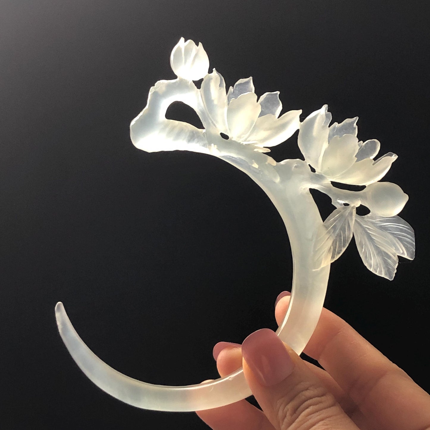 Xiu Jade Serpentine Hand Carved Peach Blossom Flower Hair Pin: Natural White Jade Handcrafted Crescent Moon Hair Stick 3D Stone Carving Hair Jewelry  Bridal Wedding Headpiece gift for her japanese hairpin korean hair stick chinese hair fork vintage hair comb antique hair pins hanfu hair stick bridal shower hair jewelry bridal shower gift engagement hair accessory jade carving hand engraved jade hand carved flower jade hairpins untreated natural jade with certificate handcraft jade moon hairpin