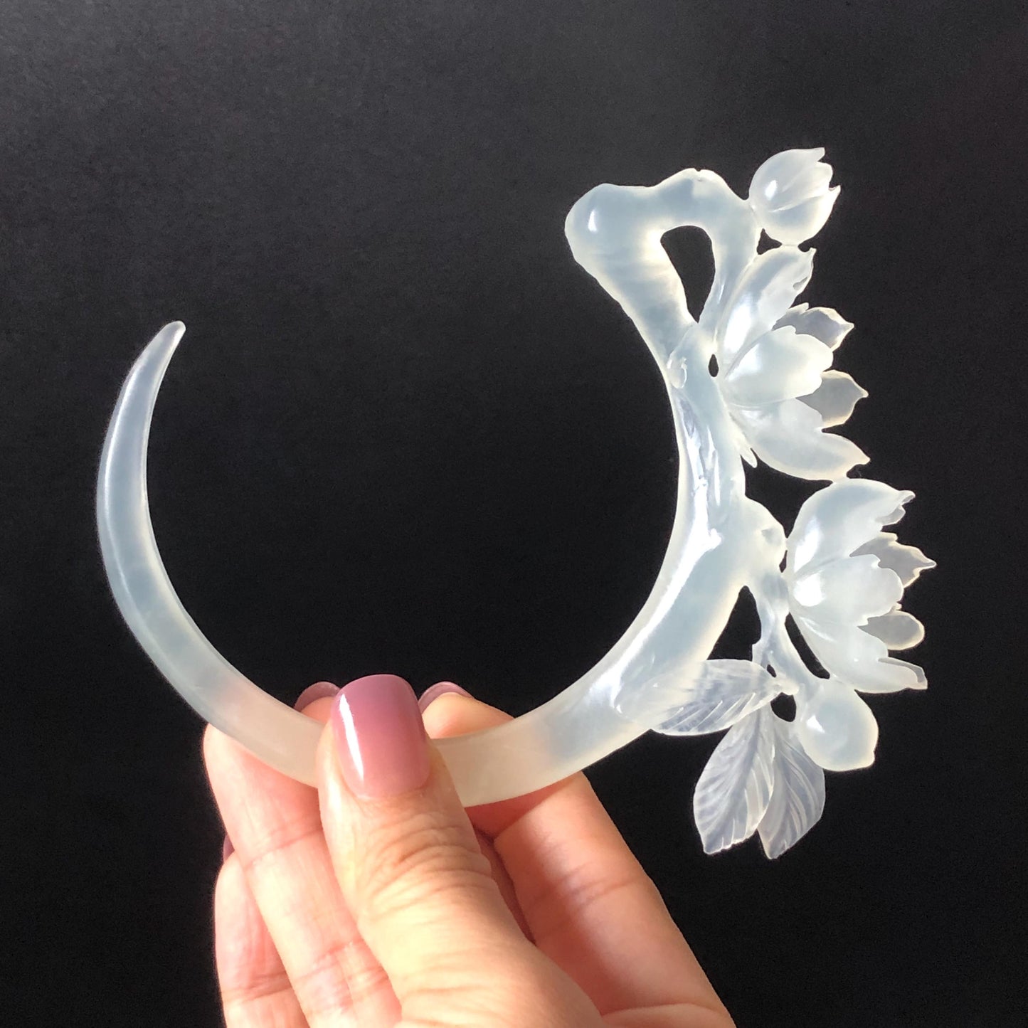 Xiu Jade Serpentine Hand Carved Peach Blossom Flower Hair Pin: Natural White Jade Handcrafted Crescent Moon Hair Stick 3D Stone Carving Hair Jewelry  Bridal Wedding Headpiece gift for her japanese hairpin korean hair stick chinese hair fork vintage hair comb antique hair pins hanfu hair stick bridal shower hair jewelry bridal shower gift engagement hair accessory jade carving hand engraved jade hand carved flower jade hairpins untreated natural jade with certificate handcraft jade moon hairpin