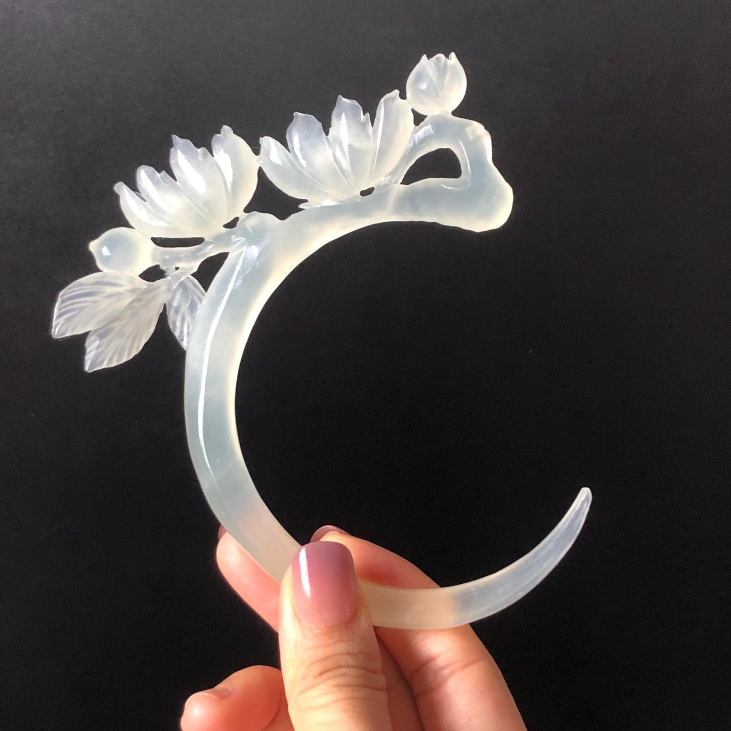 Xiu Jade Serpentine Hand Carved Peach Blossom Flower Hair Pin: Natural White Jade Handcrafted Crescent Moon Hair Stick 3D Stone Carving Hair Jewelry  Bridal Wedding Headpiece gift for her japanese hairpin korean hair stick chinese hair fork vintage hair comb antique hair pins hanfu hair stick bridal shower hair jewelry bridal shower gift engagement hair accessory jade carving hand engraved jade hand carved flower jade hairpins untreated natural jade with certificate handcraft jade moon hairpin