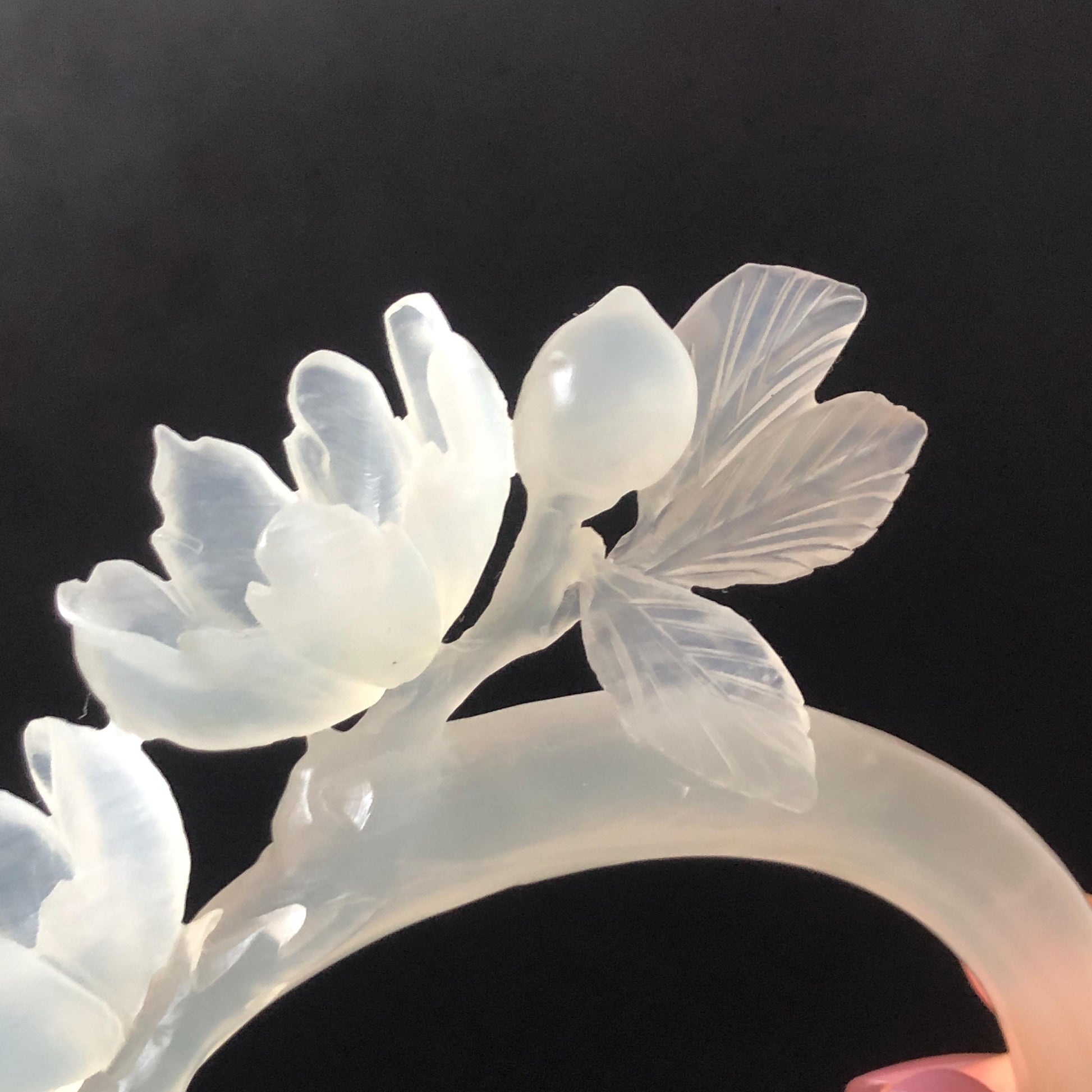 Xiu Jade Serpentine Hand Carved Peach Blossom Flower Hair Pin: Natural White Jade Handcrafted Crescent Moon Hair Stick 3D Stone Carving Hair Jewelry  Bridal Wedding Headpiece gift for her japanese hairpin korean hair stick chinese hair fork vintage hair comb antique hair pins hanfu hair stick bridal shower hair jewelry bridal shower gift engagement hair accessory jade carving hand engraved jade hand carved flower jade hairpins untreated natural jade with certificate handcraft jade moon hairpin