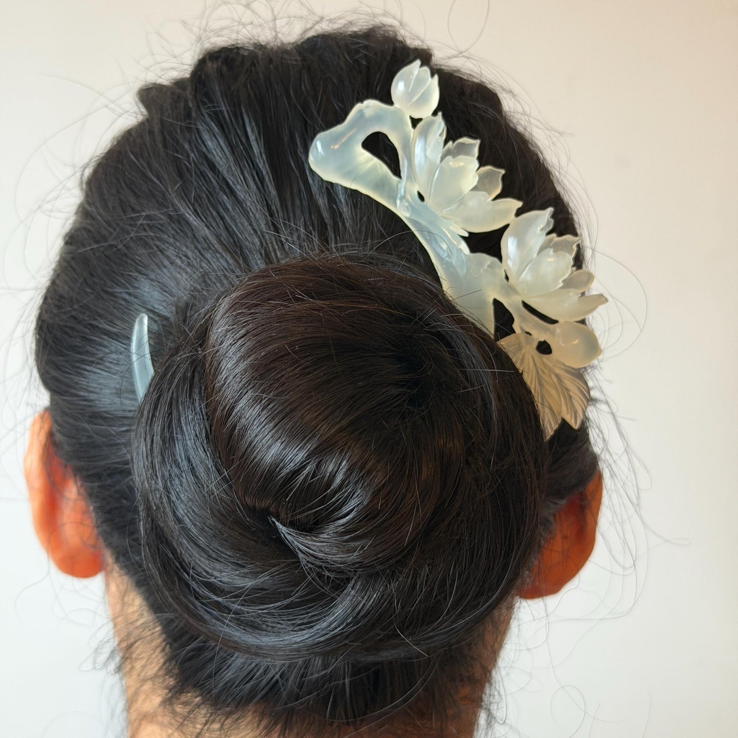 Xiu Jade Serpentine Hand Carved Peach Blossom Flower Hair Pin: Natural White Jade Handcrafted Crescent Moon Hair Stick 3D Stone Carving Hair Jewelry  Bridal Wedding Headpiece gift for her japanese hairpin korean hair stick chinese hair fork vintage hair comb antique hair pins hanfu hair stick bridal shower hair jewelry bridal shower gift engagement hair accessory jade carving hand engraved jade hand carved flower jade hairpins untreated natural jade with certificate handcraft jade moon hairpin