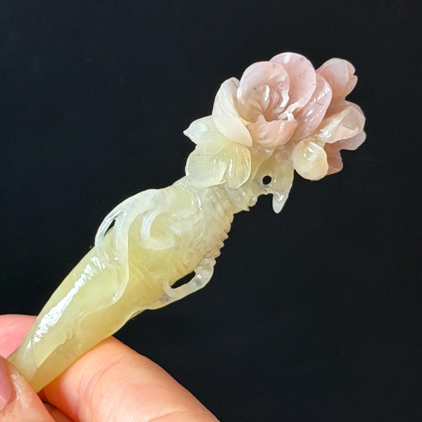 Xiu Jade Serpentine Hand Carved Pink Ginseng Flower Hair Pin: Natural Yellow & Pink Jade Handcrafted Hair Stick 3D stone carving Hair Jewelry Asian Chinese Vintage Hanfu Hair Fork gift for her pink jade carving yellow jade flower carving flower carving hand engraved ginseng hairpins japanese hair stick korean hair pins vinatge hair fork chinese hair comb antique hairpins wedding headpiece engagement hair jewelry bridal shower gift hair accessory 3D stone carving asian hair crown birthday gift