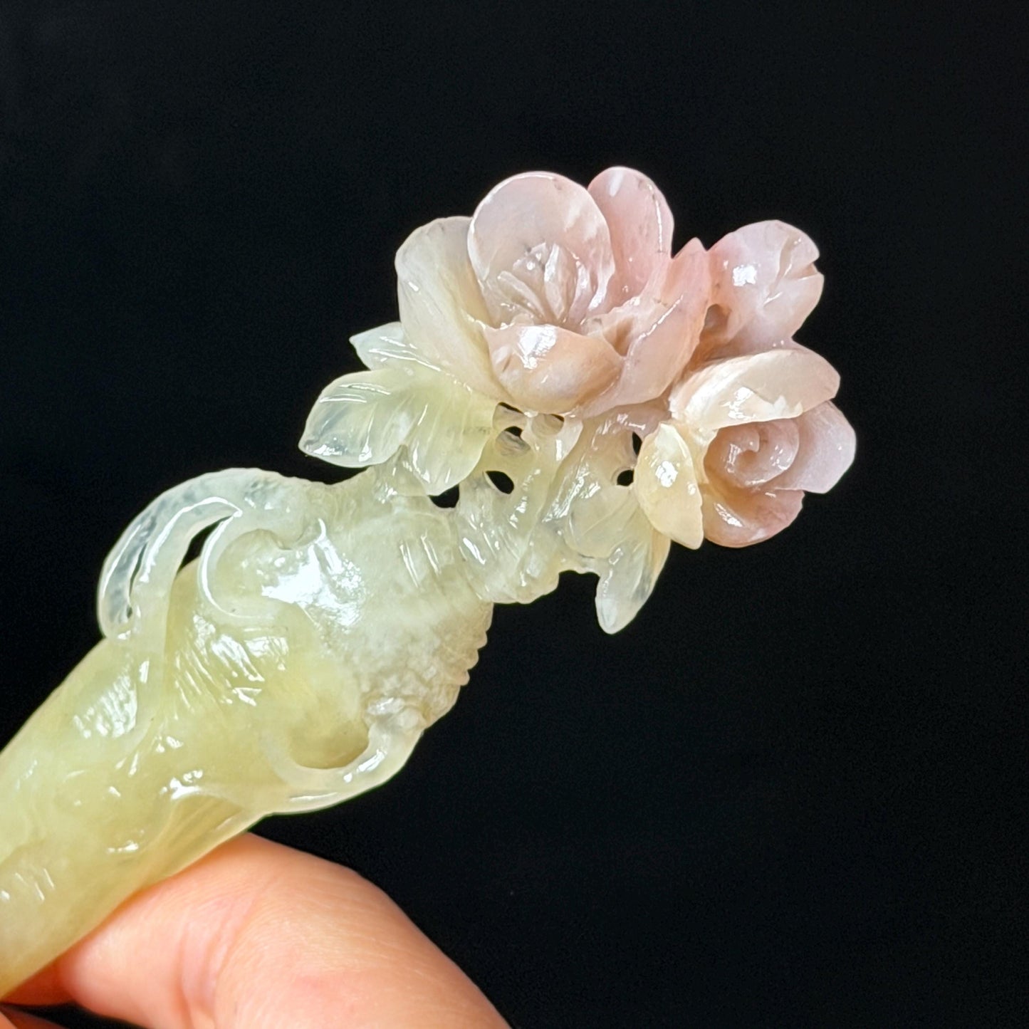 Xiu Jade Serpentine Hand Carved Pink Ginseng Flower Hair Pin: Natural Yellow & Pink Jade Handcrafted Hair Stick 3D stone carving Hair Jewelry Asian Chinese Vintage Hanfu Hair Fork gift for her pink jade carving yellow jade flower carving flower carving hand engraved ginseng hairpins japanese hair stick korean hair pins vinatge hair fork chinese hair comb antique hairpins wedding headpiece engagement hair jewelry bridal shower gift hair accessory 3D stone carving asian hair crown birthday gift