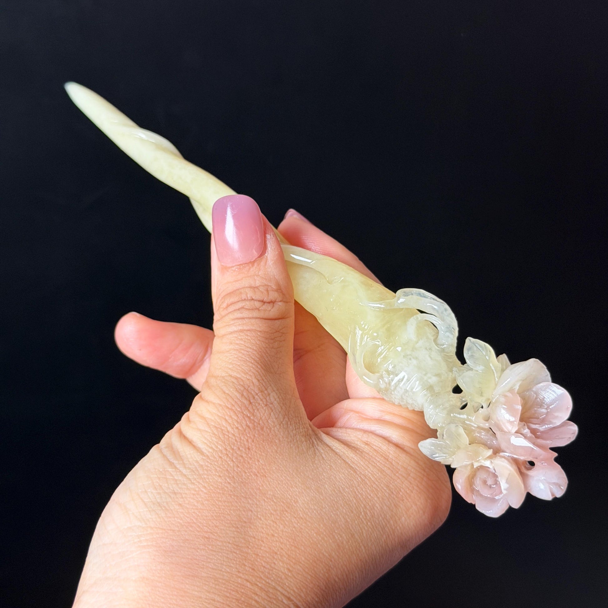 Xiu Jade Serpentine Hand Carved Pink Ginseng Flower Hair Pin: Natural Yellow & Pink Jade Handcrafted Hair Stick 3D stone carving Hair Jewelry Asian Chinese Vintage Hanfu Hair Fork gift for her pink jade carving yellow jade flower carving flower carving hand engraved ginseng hairpins japanese hair stick korean hair pins vinatge hair fork chinese hair comb antique hairpins wedding headpiece engagement hair jewelry bridal shower gift hair accessory 3D stone carving asian hair crown birthday gift