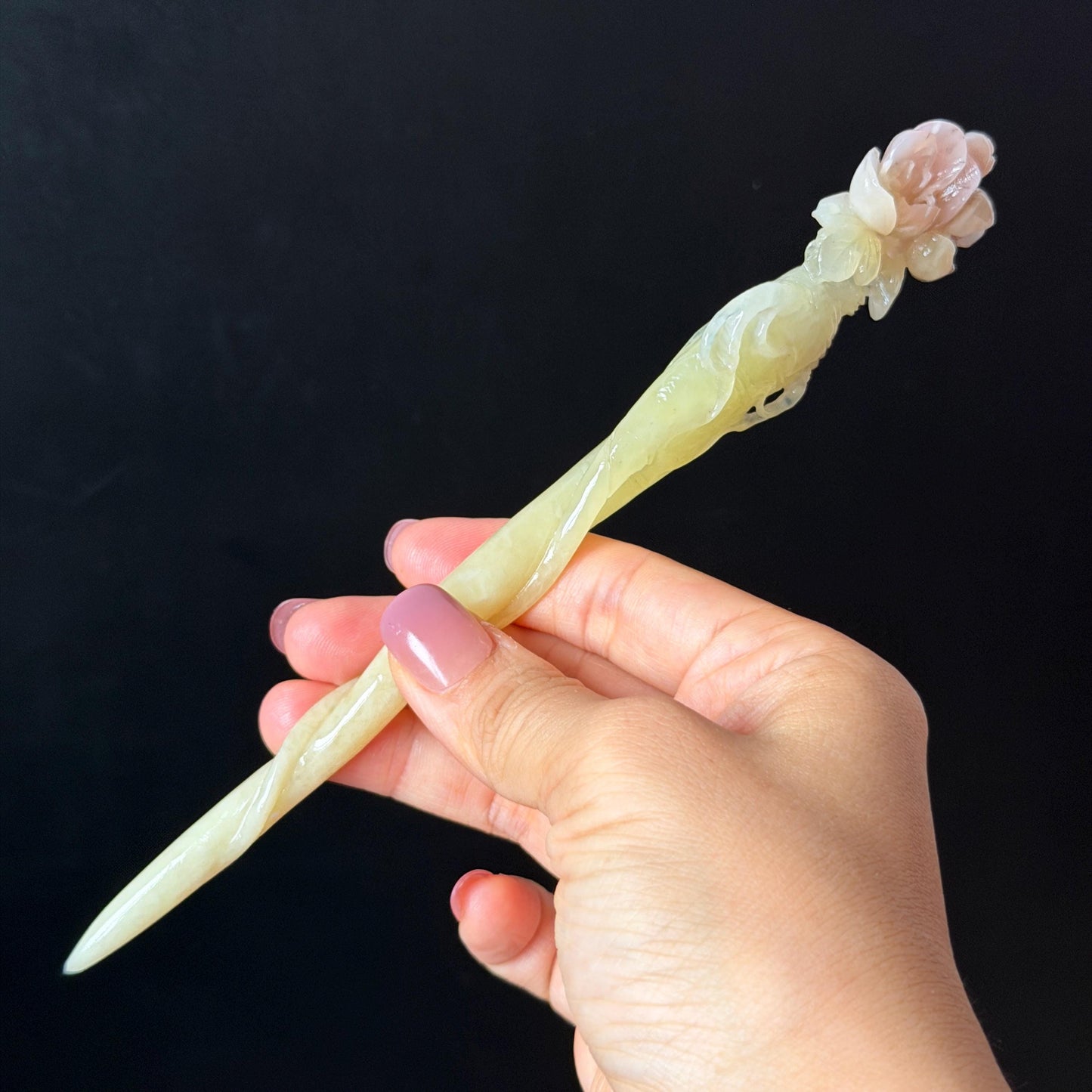 Xiu Jade Serpentine Hand Carved Pink Ginseng Flower Hair Pin: Natural Yellow & Pink Jade Handcrafted Hair Stick 3D stone carving Hair Jewelry Asian Chinese Vintage Hanfu Hair Fork gift for her pink jade carving yellow jade flower carving flower carving hand engraved ginseng hairpins japanese hair stick korean hair pins vinatge hair fork chinese hair comb antique hairpins wedding headpiece engagement hair jewelry bridal shower gift hair accessory 3D stone carving asian hair crown birthday gift