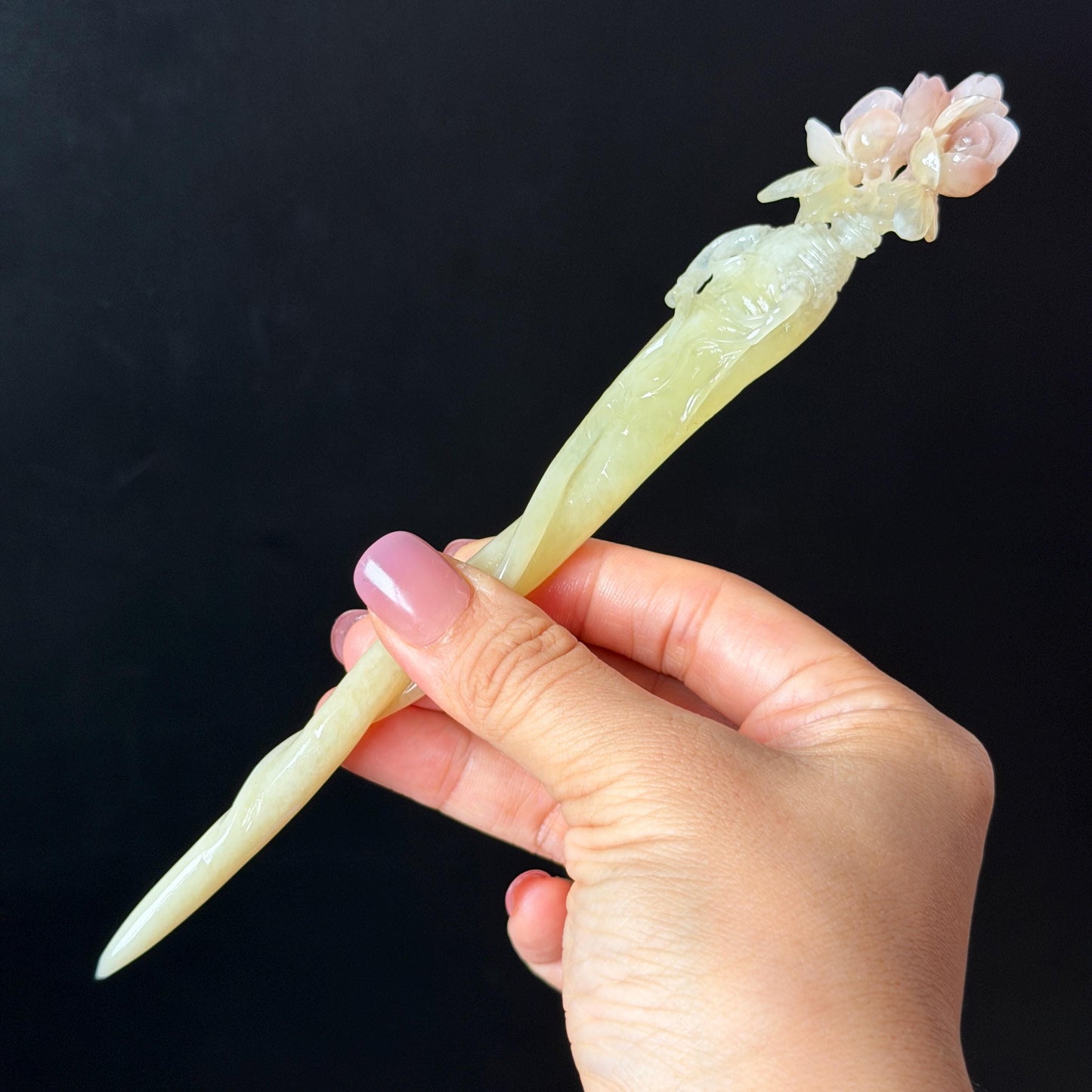 Xiu Jade Serpentine Hand Carved Pink Ginseng Flower Hair Pin: Natural Yellow & Pink Jade Handcrafted Hair Stick 3D stone carving Hair Jewelry Asian Chinese Vintage Hanfu Hair Fork gift for her pink jade carving yellow jade flower carving flower carving hand engraved ginseng hairpins japanese hair stick korean hair pins vinatge hair fork chinese hair comb antique hairpins wedding headpiece engagement hair jewelry bridal shower gift hair accessory 3D stone carving asian hair crown birthday gift