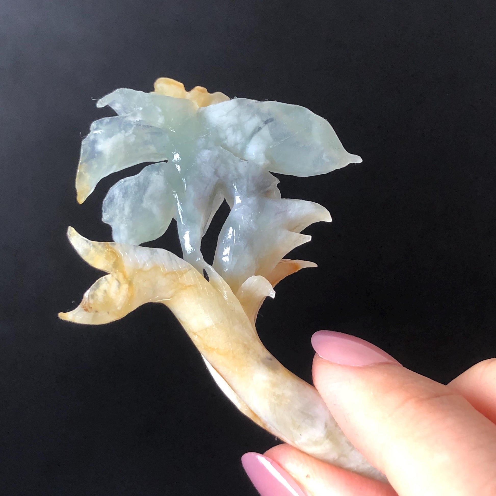 Xiu Jade Serpentine Hand Carved Lily Flower Small Hair Pin: Multicolor Caramel Yellow Blue Jade Handcrafted Hair Stick 3D stone carving Hair Jewelry | Asian Chinese Vintage Hanfu Hair Fork gift for her blue jade carving yellow jade flower carving lily carving hand engraved lily hairpins japanese hair stick korean hair pins vinatge hair fork chinese hair comb antique hairpins wedding headpiece engagement hair jewelry bridal shower gift bridal hair accessory 3D stone carving asian hair crown