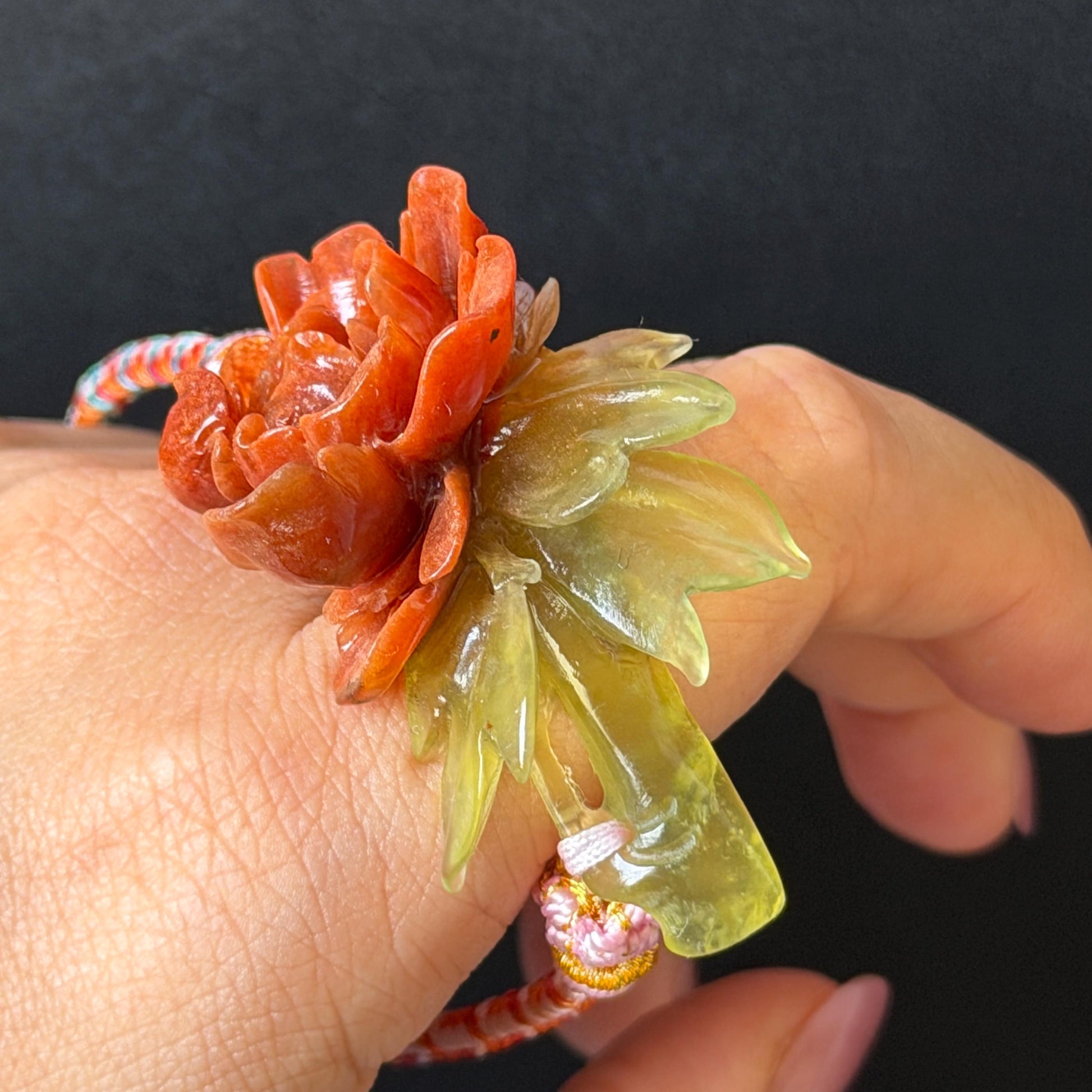 Xiu Jade Serpentine Hand Carved Blooming Peony Flower Charm Braided Bracelet: Natural Ice Yellow Red Jade Adjustable Bracelet 3D Stone Carving   adjustable bracelet woven bracelet rope 3D jade carving red jade yellow jade natural untreated jade handcrafted charm bead bracelet handmade bracelet flower carving peony carving hand engraved charm chinese braided bracelet vintage bracelet antique bracelet lucky rope flower lover gift birthday gift handcrafted bracelet birthday gift handmade bracelet