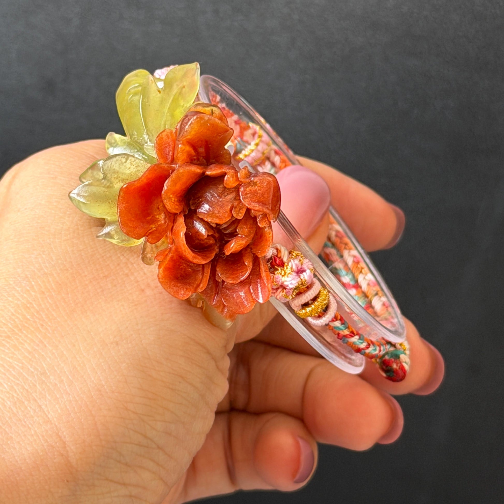 Xiu Jade Serpentine Hand Carved Blooming Peony Flower Charm Braided Bracelet: Natural Ice Yellow Red Jade Adjustable Bracelet 3D Stone Carving   adjustable bracelet woven bracelet rope 3D jade carving red jade yellow jade natural untreated jade handcrafted charm bead bracelet handmade bracelet flower carving peony carving hand engraved charm chinese braided bracelet vintage bracelet antique bracelet lucky rope flower lover gift birthday gift handcrafted bracelet birthday gift handmade bracelet