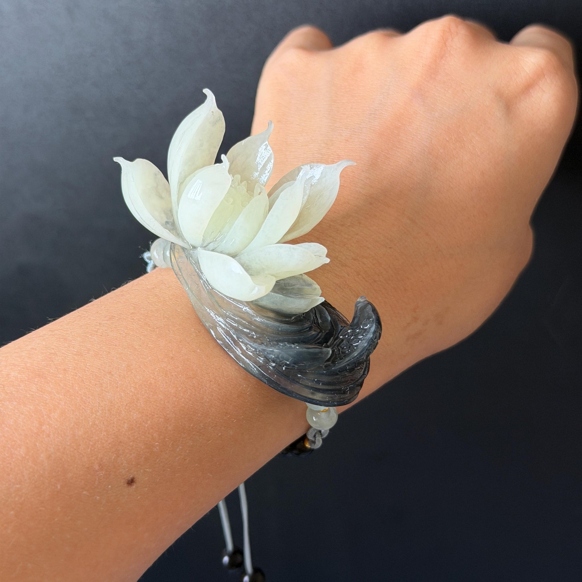 Xiu Jade Serpentine Hand Carved Lotus Flower & Fish Charm Braided Bracelet: Natural Ice Black & White Jade Adjustable Bracelet 3D Stone Carving adjustable bracelet woven bracelet rope 3D jade carving white jade black jade natural untreated jade handcrafted charm bead bracelet handmade bracelet flower carving lotus carving hand engraved charm chinese braided bracelet vintage bracelet antique bracelet lucky rope flower lover gift handcrafted bracelet birthday gift handmade bracelet fish carving