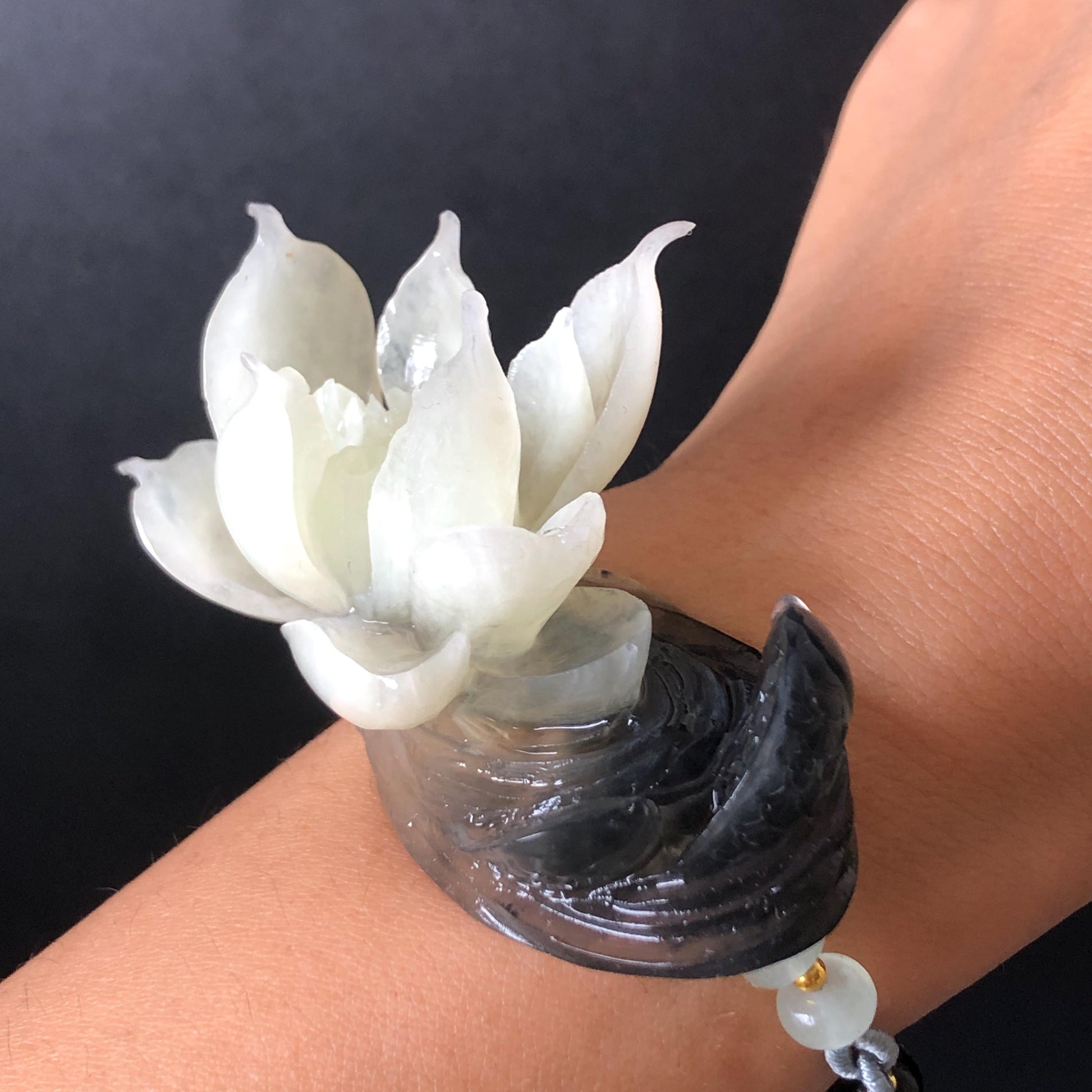 Xiu Jade Serpentine Hand Carved Lotus Flower & Fish Charm Braided Bracelet: Natural Ice Black & White Jade Adjustable Bracelet 3D Stone Carving adjustable bracelet woven bracelet rope 3D jade carving white jade black jade natural untreated jade handcrafted charm bead bracelet handmade bracelet flower carving lotus carving hand engraved charm chinese braided bracelet vintage bracelet antique bracelet lucky rope flower lover gift handcrafted bracelet birthday gift handmade bracelet fish carving