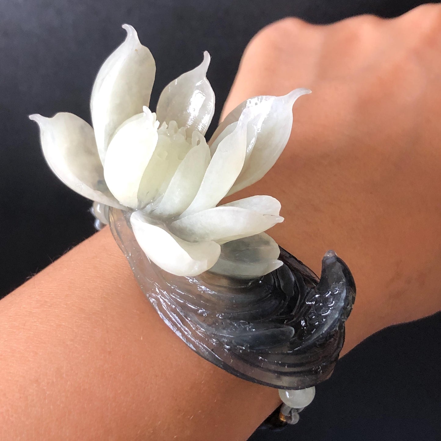 Xiu Jade Serpentine Hand Carved Lotus Flower & Fish Charm Braided Bracelet: Natural Ice Black & White Jade Adjustable Bracelet 3D Stone Carving adjustable bracelet woven bracelet rope 3D jade carving white jade black jade natural untreated jade handcrafted charm bead bracelet handmade bracelet flower carving lotus carving hand engraved charm chinese braided bracelet vintage bracelet antique bracelet lucky rope flower lover gift handcrafted bracelet birthday gift handmade bracelet fish carving