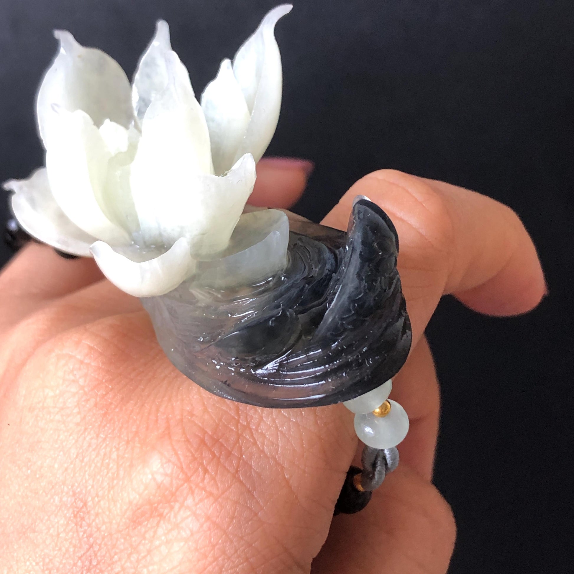 Xiu Jade Serpentine Hand Carved Lotus Flower & Fish Charm Braided Bracelet: Natural Ice Black & White Jade Adjustable Bracelet 3D Stone Carving adjustable bracelet woven bracelet rope 3D jade carving white jade black jade natural untreated jade handcrafted charm bead bracelet handmade bracelet flower carving lotus carving hand engraved charm chinese braided bracelet vintage bracelet antique bracelet lucky rope flower lover gift handcrafted bracelet birthday gift handmade bracelet fish carving