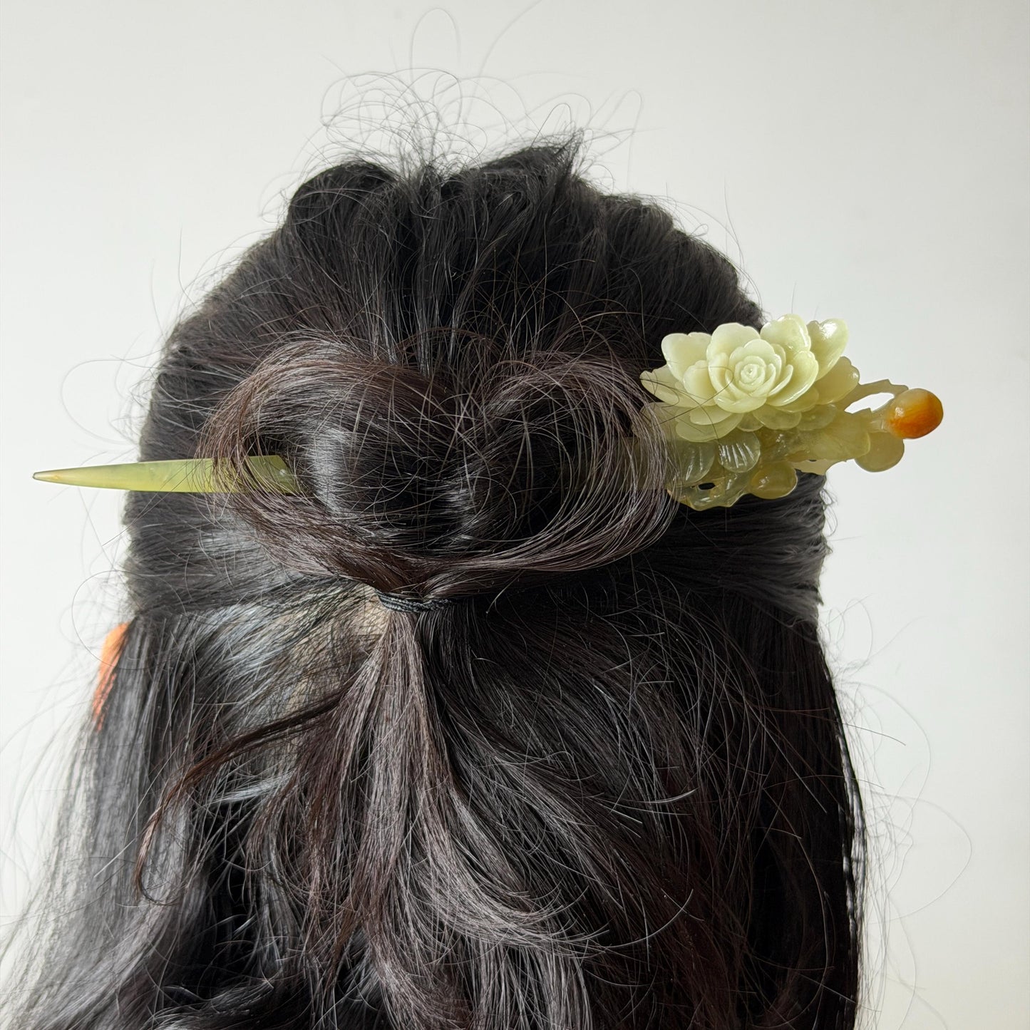 Xiu Jade Serpentine Hand Carved Camellia Flower Hair Pin with Certificate