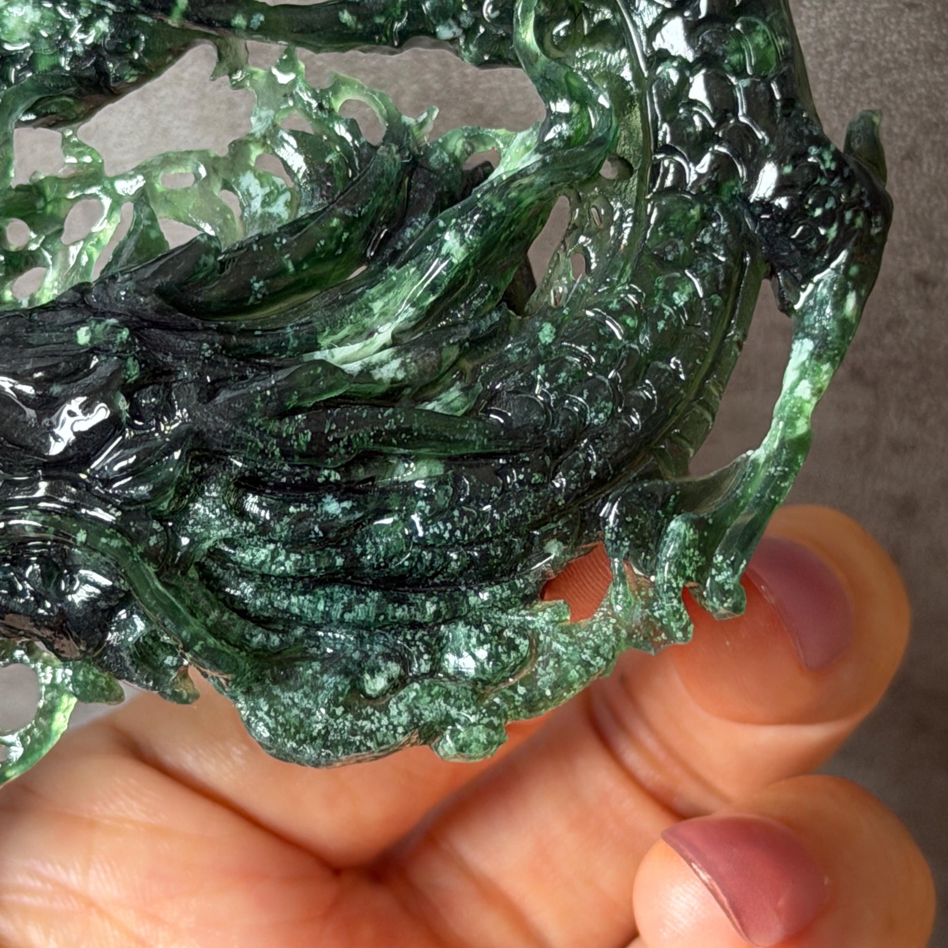 Xiu Jade Dragon Hand Carved Hair Crown: Natural Serpentine Ice Deep Green Jade Handcrafted Hair Stick Hollow Out Carving | Asian Vintage Hair Fork gift for her dragon carving hand engraved dragon hair stick green jade carving dragon hair fork chinese jade with certificate dragon lover gift korean hair pin japanese hair stick hair fork hair comb hanfu hair stick with certificate handcrafted jade 3D stone carving bridal headpiece wedding hair jewelry untreated jade bridal shower gift