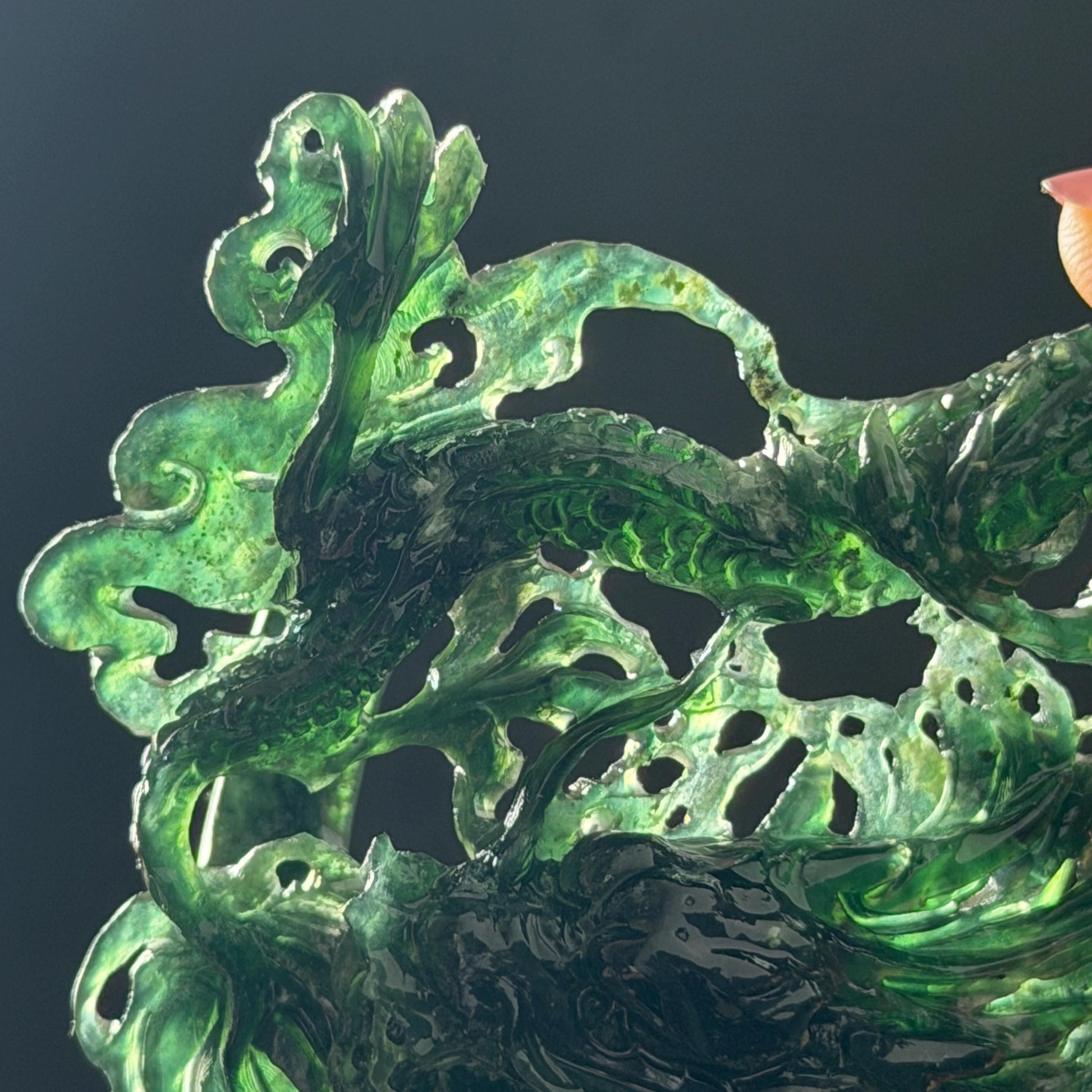 Xiu Jade Dragon Hand Carved Hair Crown: Natural Serpentine Ice Deep Green Jade Handcrafted Hair Stick Hollow Out Carving | Asian Vintage Hair Fork gift for her dragon carving hand engraved dragon hair stick green jade carving dragon hair fork chinese jade with certificate dragon lover gift korean hair pin japanese hair stick hair fork hair comb hanfu hair stick with certificate handcrafted jade 3D stone carving bridal headpiece wedding hair jewelry untreated jade bridal shower gift
