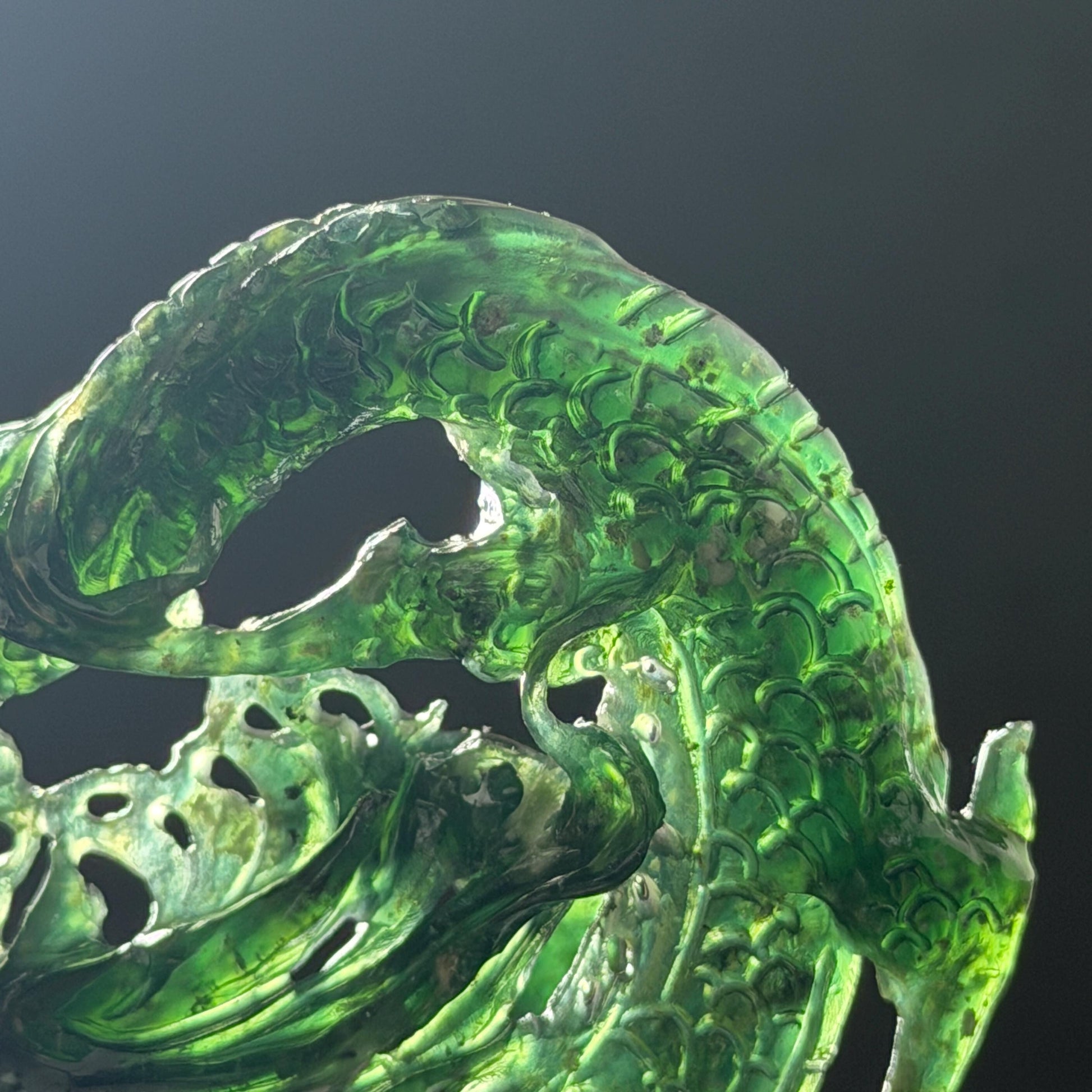 Xiu Jade Dragon Hand Carved Hair Crown: Natural Serpentine Ice Deep Green Jade Handcrafted Hair Stick Hollow Out Carving | Asian Vintage Hair Fork gift for her dragon carving hand engraved dragon hair stick green jade carving dragon hair fork chinese jade with certificate dragon lover gift korean hair pin japanese hair stick hair fork hair comb hanfu hair stick with certificate handcrafted jade 3D stone carving bridal headpiece wedding hair jewelry untreated jade bridal shower gift
