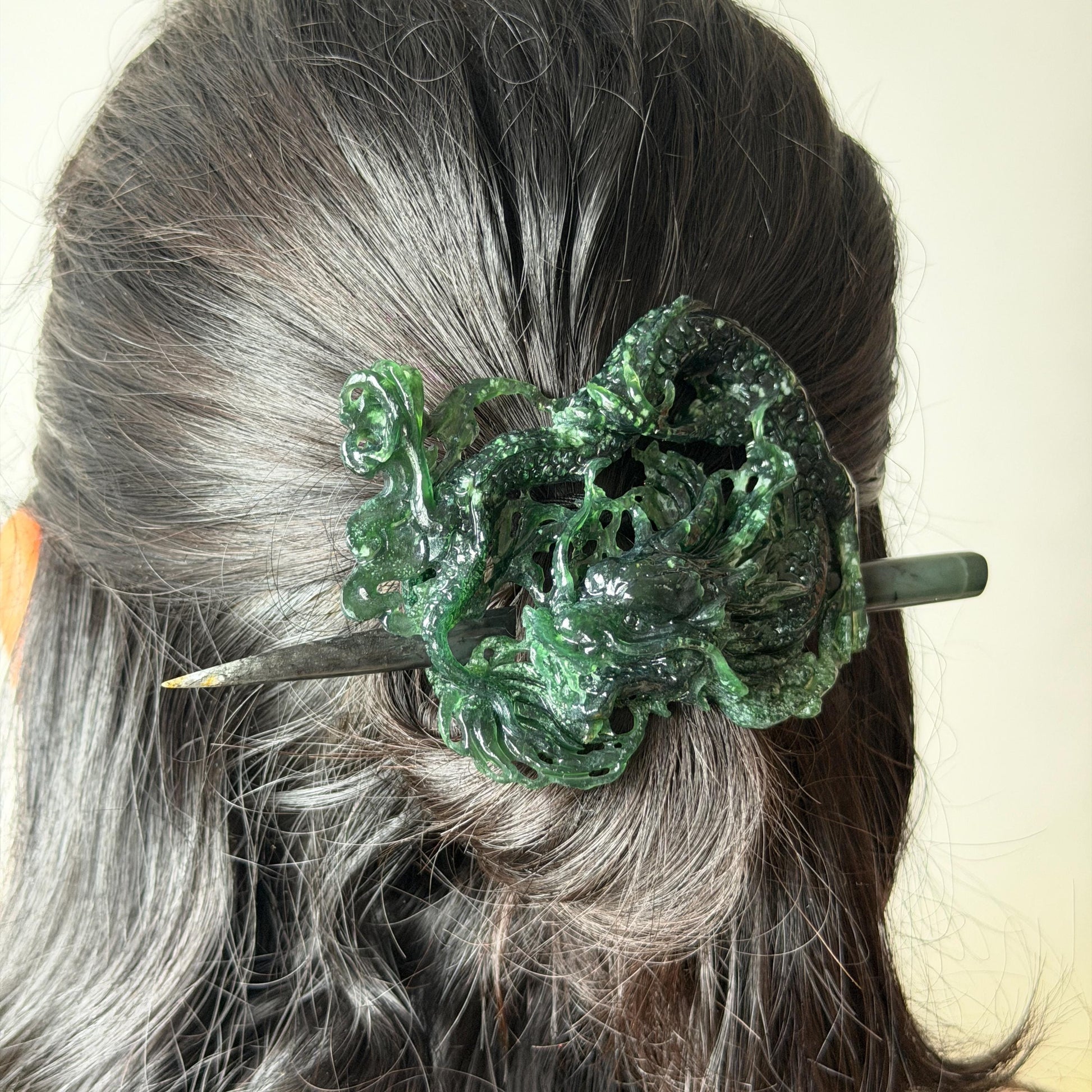 Xiu Jade Dragon Hand Carved Hair Crown: Natural Serpentine Ice Deep Green Jade Handcrafted Hair Stick Hollow Out Carving | Asian Vintage Hair Fork gift for her dragon carving hand engraved dragon hair stick green jade carving dragon hair fork chinese jade with certificate dragon lover gift korean hair pin japanese hair stick hair fork hair comb hanfu hair stick with certificate handcrafted jade 3D stone carving bridal headpiece wedding hair jewelry untreated jade bridal shower gift