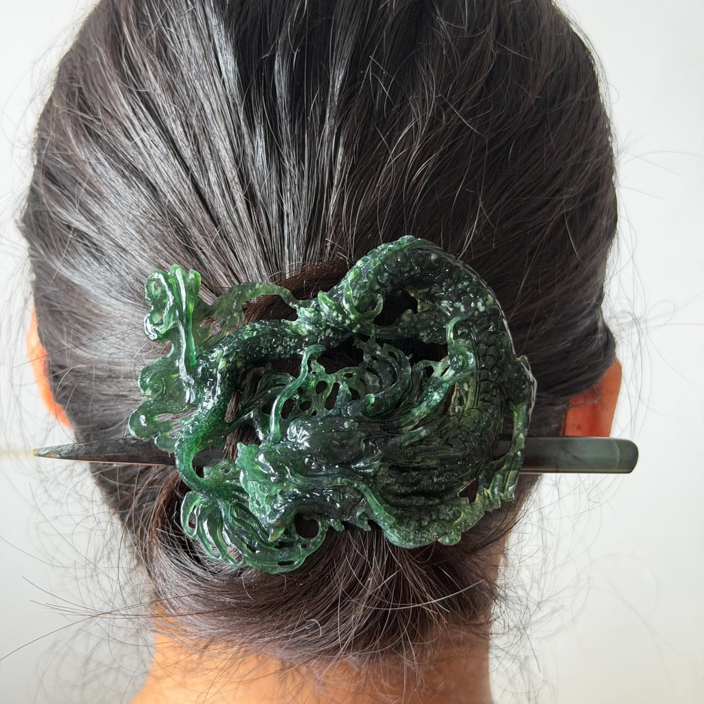 Xiu Jade Dragon Hand Carved Hair Crown: Natural Serpentine Ice Deep Green Jade Handcrafted Hair Stick Hollow Out Carving | Asian Vintage Hair Fork gift for her dragon carving hand engraved dragon hair stick green jade carving dragon hair fork chinese jade with certificate dragon lover gift korean hair pin japanese hair stick hair fork hair comb hanfu hair stick with certificate handcrafted jade 3D stone carving bridal headpiece wedding hair jewelry untreated jade bridal shower gift