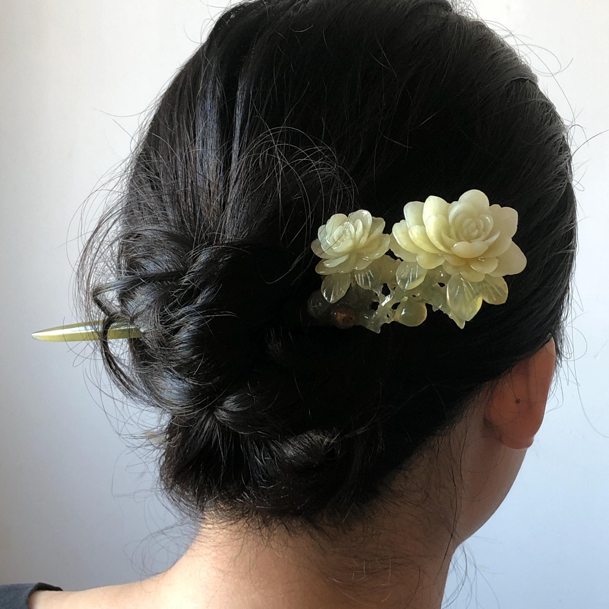 Xiu Jade Hand Carved Camellia Flower Hair Pin: Certified Natural Serpentine Multicolor Orange White Green Jade Handcrafted Hair Stick | Asian Vintage Hair Fork 3D stone carving Hair Jewelry | Chinese Hanfu Hair Fork gift for her green jade carving white jade orange jade flower carving camellia carving hand engraved hairpins japanese hair stick korean hair pins hair fork hair comb antique hairpins wedding headpiece engagement hair jewelry bridal shower gift bridal hair accessory  asian hair crown