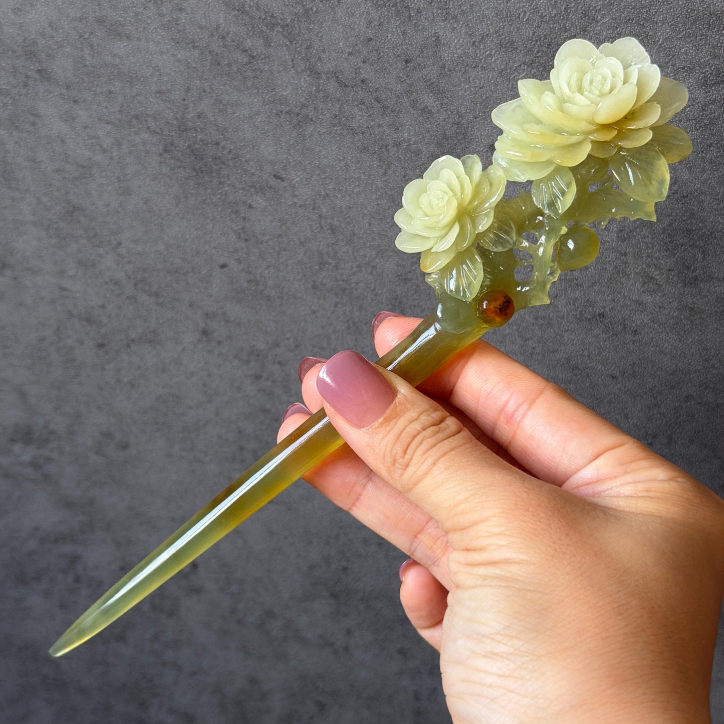 Xiu Jade Hand Carved Camellia Flower Hair Pin: Certified Natural Serpentine Multicolor Orange White Green Jade Handcrafted Hanfu Hair Stick