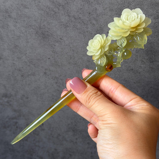 Xiu Jade Hand Carved Camellia Flower Hair Pin: Certified Natural Serpentine Multicolor Orange White Green Jade Handcrafted Hanfu Hair Stick
