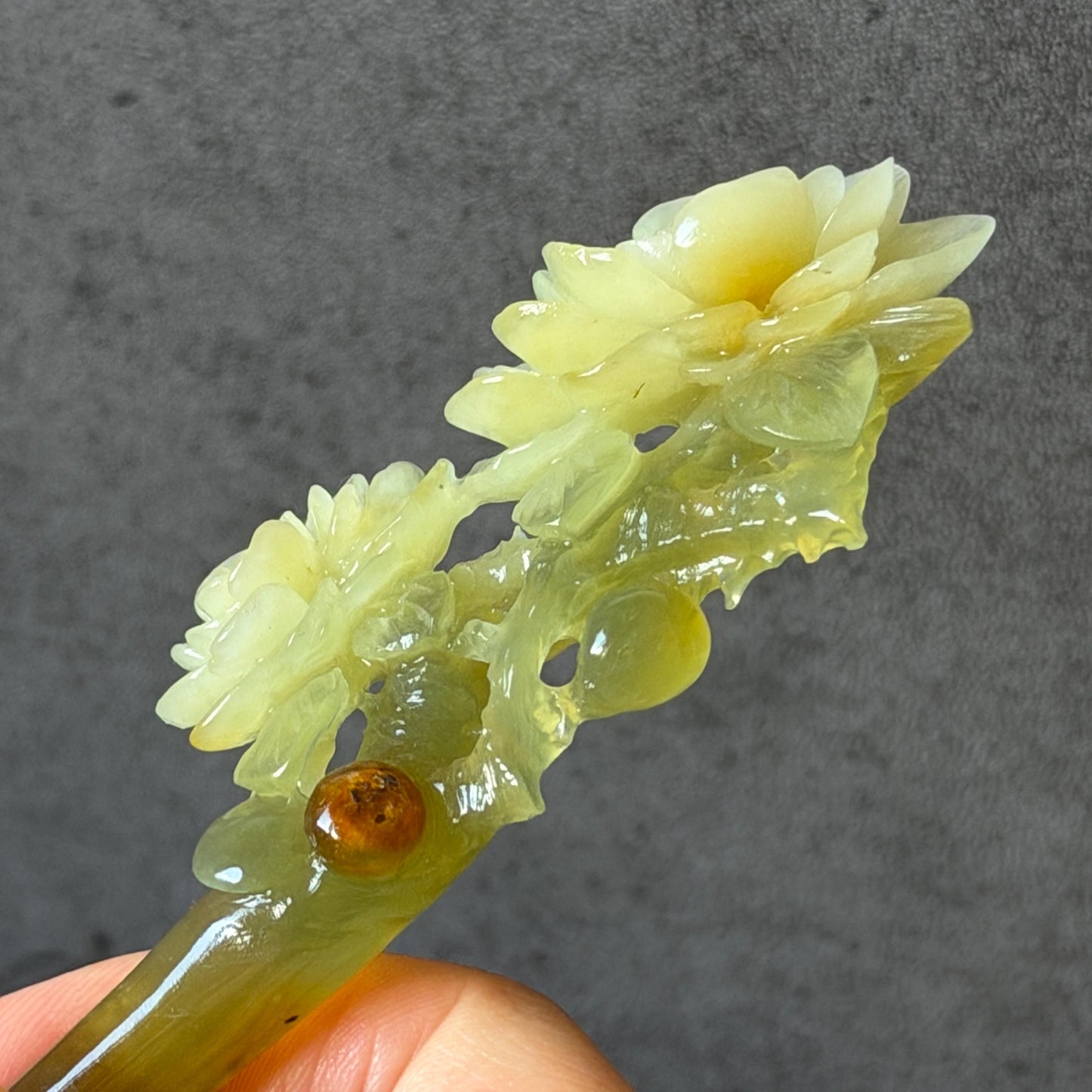 Xiu Jade Hand Carved Camellia Flower Hair Pin: Certified Natural Serpentine Multicolor Orange White Green Jade Handcrafted Hanfu Hair Stick