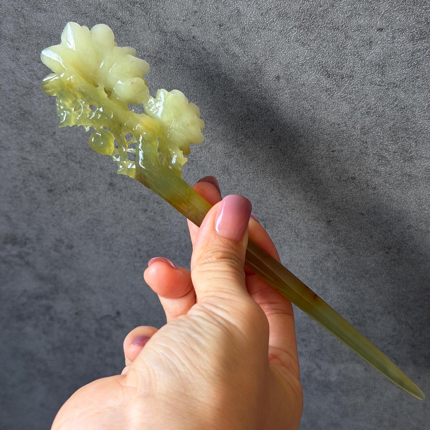 Xiu Jade Hand Carved Camellia Flower Hair Pin: Certified Natural Serpentine Multicolor Orange White Green Jade Handcrafted Hanfu Hair Stick