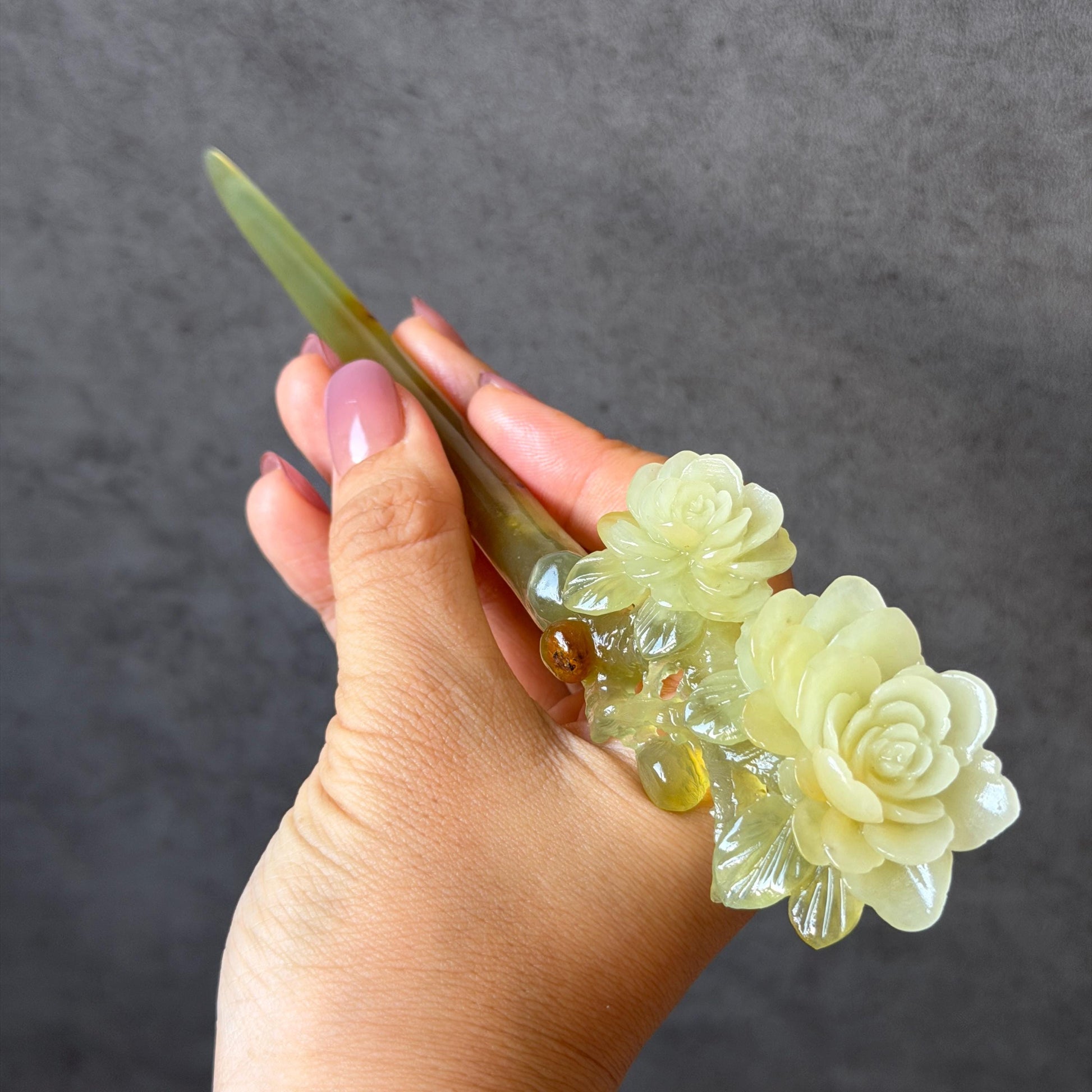 Xiu Jade Hand Carved Camellia Flower Hair Pin: Certified Natural Serpentine Multicolor Orange White Green Jade Handcrafted Hanfu Hair Stick