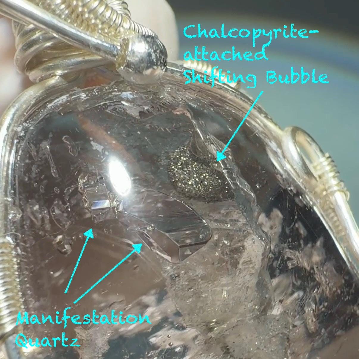 Ultra Rare! Moving Chalcopyrite Enhydro Quartz Cabochon Pendant Adjustable Necklace: with Shifting Bubble Inclusion Polished Crystal | Natural Gemstone Birthstone Gift for her enhydro crystal water bubble inclusion quartz chalcopyrite cubes mineral specimen silver pendant flowing sand inclusion rainbow quartz big enhydro charm choker palm stone for meditation healing stone necklace chakra abundance stone chakra crystal healing stone birthday gift