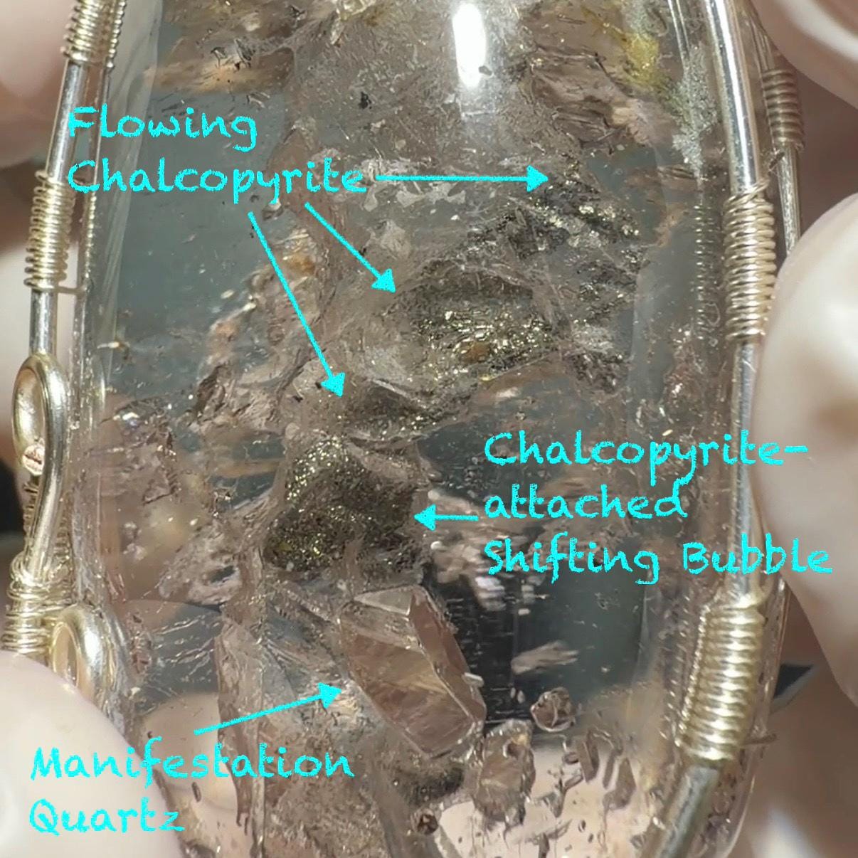Ultra Rare! Moving Chalcopyrite Enhydro Quartz Cabochon Pendant Adjustable Necklace: with Shifting Bubble Inclusion Polished Crystal | Natural Gemstone Birthstone Gift for her enhydro crystal water bubble inclusion quartz chalcopyrite cubes mineral specimen silver pendant flowing sand inclusion rainbow quartz big enhydro charm choker palm stone for meditation healing stone necklace chakra abundance stone chakra crystal healing stone birthday gift