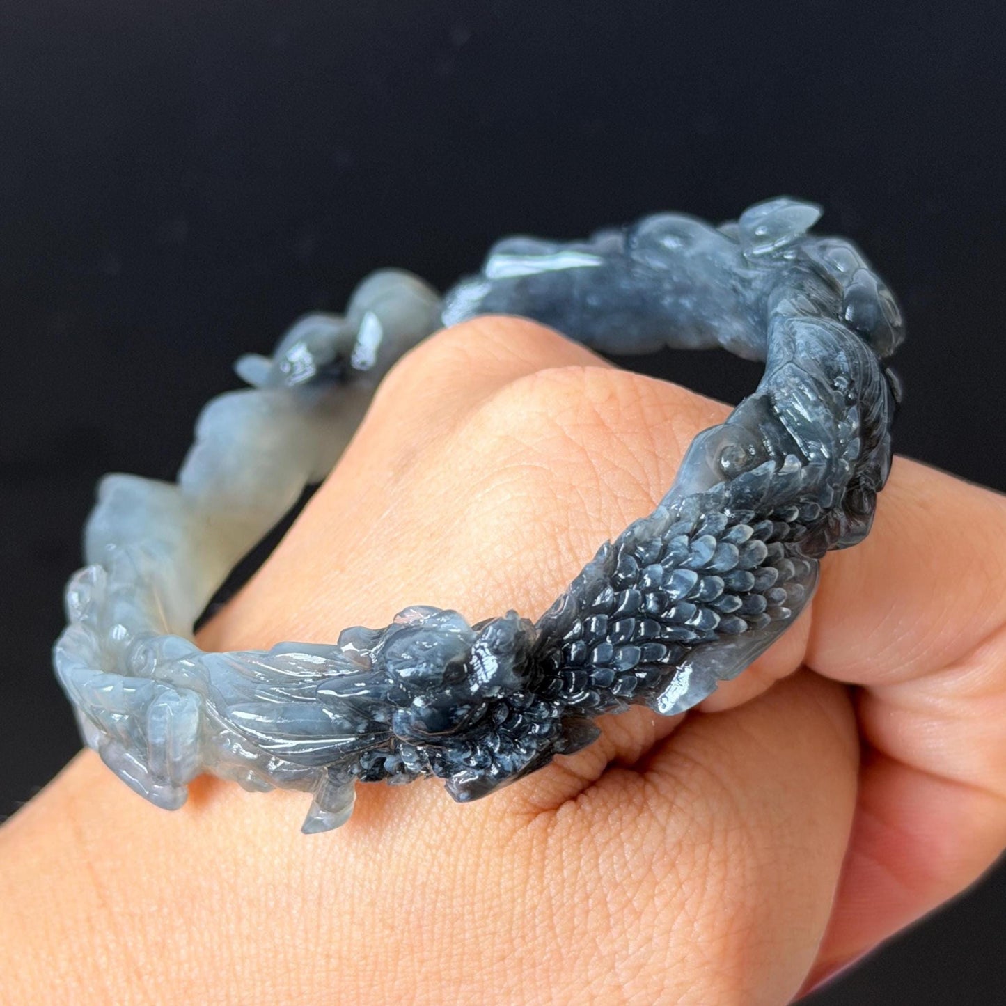 Custom Size 50-70mm! Xiu Jade Qilin Kirin Brings Treasures Hand Carved Bangle: Certified Natural Serpentine Ice grey black white Jade handcrafted Bracelet 3D stone carving Accept Customized order tailor-made bangle customized gift Kirin lover gift for her custom size bangle natural jade with certificate bracelet grey jade certified jade black jade white jade carving hand engraved jewelry carving personalized gift make to order antique bracelet chinese untreated jade birthday gift good fortune