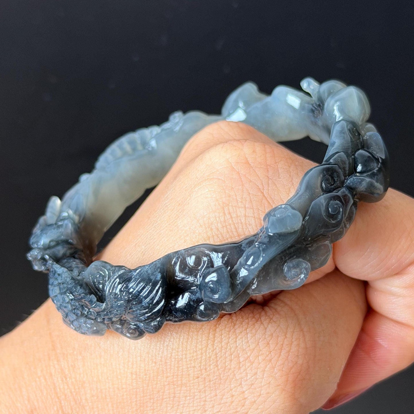 Custom Size 50-70mm! Xiu Jade Qilin Kirin Brings Treasures Hand Carved Bangle: Certified Natural Serpentine Ice grey black white Jade handcrafted Bracelet 3D stone carving Accept Customized order tailor-made bangle customized gift Kirin lover gift for her custom size bangle natural jade with certificate bracelet grey jade certified jade black jade white jade carving hand engraved jewelry carving personalized gift make to order antique bracelet chinese untreated jade birthday gift good fortune