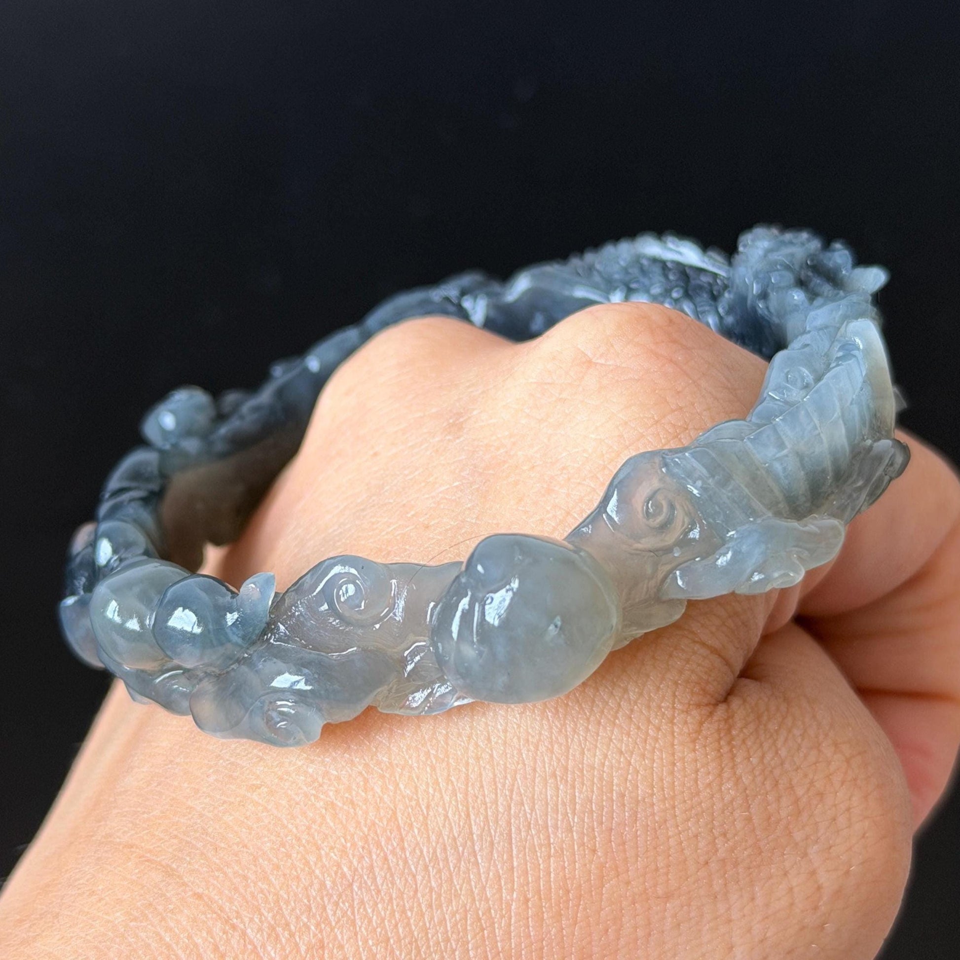 Custom Size 50-70mm! Xiu Jade Qilin Kirin Brings Treasures Hand Carved Bangle: Certified Natural Serpentine Ice grey black white Jade handcrafted Bracelet 3D stone carving Accept Customized order tailor-made bangle customized gift Kirin lover gift for her custom size bangle natural jade with certificate bracelet grey jade certified jade black jade white jade carving hand engraved jewelry carving personalized gift make to order antique bracelet chinese untreated jade birthday gift good fortune