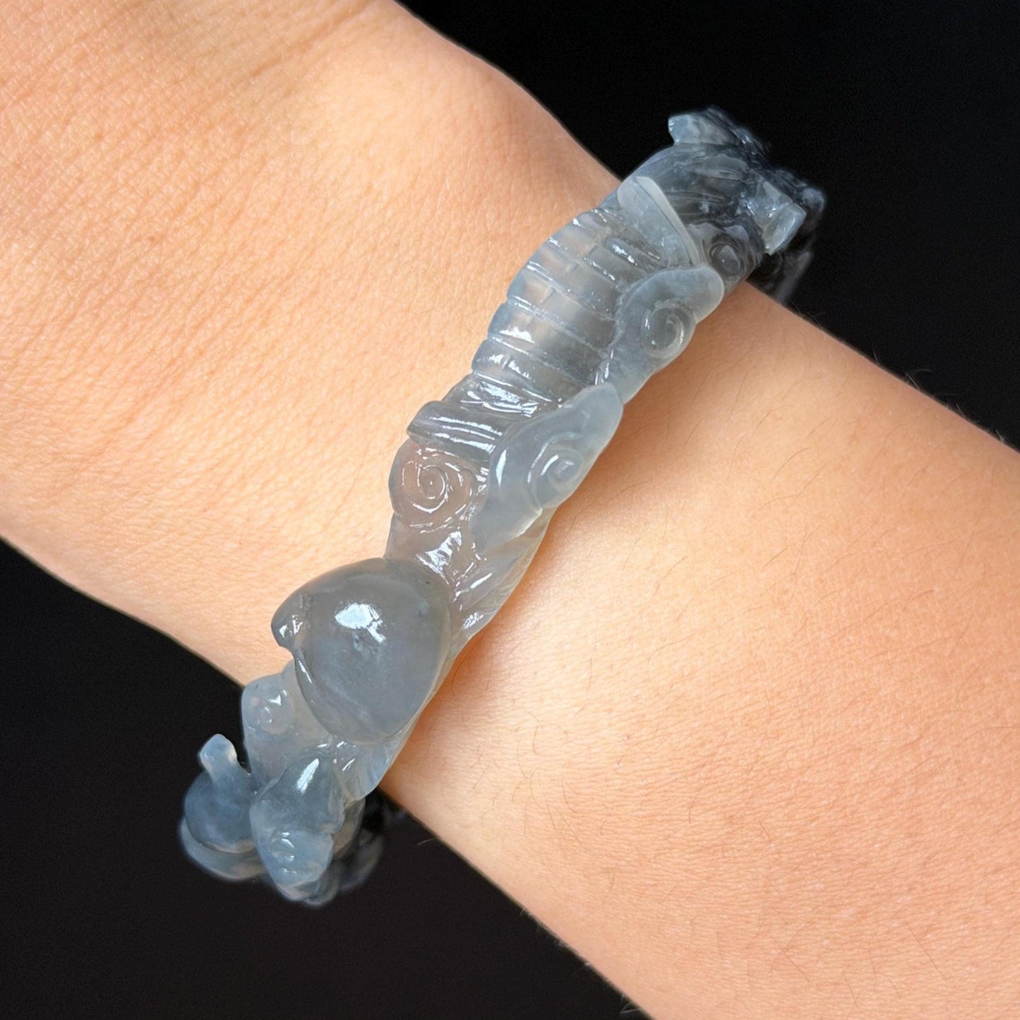 Custom Size 50-70mm! Xiu Jade Qilin Kirin Brings Treasures Hand Carved Bangle: Certified Natural Serpentine Ice grey black white Jade handcrafted Bracelet 3D stone carving Accept Customized order tailor-made bangle customized gift Kirin lover gift for her custom size bangle natural jade with certificate bracelet grey jade certified jade black jade white jade carving hand engraved jewelry carving personalized gift make to order antique bracelet chinese untreated jade birthday gift good fortune