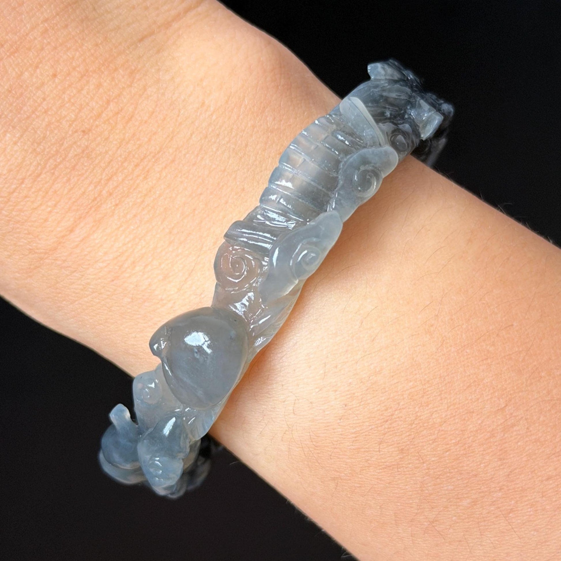 Custom Size 50-70mm! Xiu Jade Qilin Kirin Brings Treasures Hand Carved Bangle: Certified Natural Serpentine Ice grey black white Jade handcrafted Bracelet 3D stone carving Accept Customized order tailor-made bangle customized gift Kirin lover gift for her custom size bangle natural jade with certificate bracelet grey jade certified jade black jade white jade carving hand engraved jewelry carving personalized gift make to order antique bracelet chinese untreated jade birthday gift good fortune