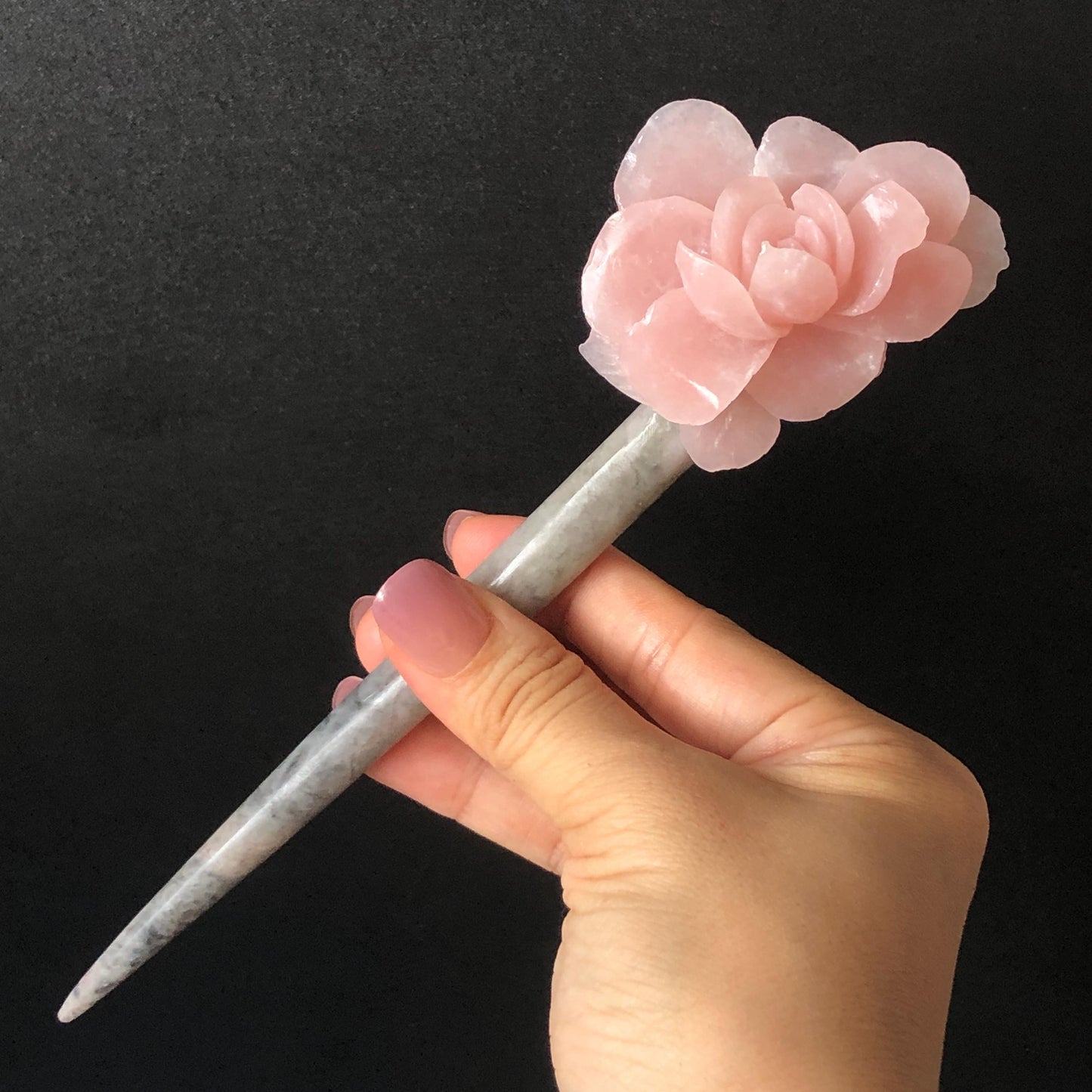 Xiu Jade Serpentine Hand Carved Pink Camellia Flower Hair Pin: Natural Pink & Grey Jade Handcrafted Hair Stick 3D stone carving Hair Jewelry | Asian Chinese Vintage Hanfu Hair Fork gift for her pink jade carving grey jade flower carving camellia carving hand engraved flower hairpins japanese hair stick korean hair pins vinatge hair fork chinese hair comb antique hairpins wedding headpiece engagement hair jewelry bridal shower gift bridal hair accessory 3D stone carving