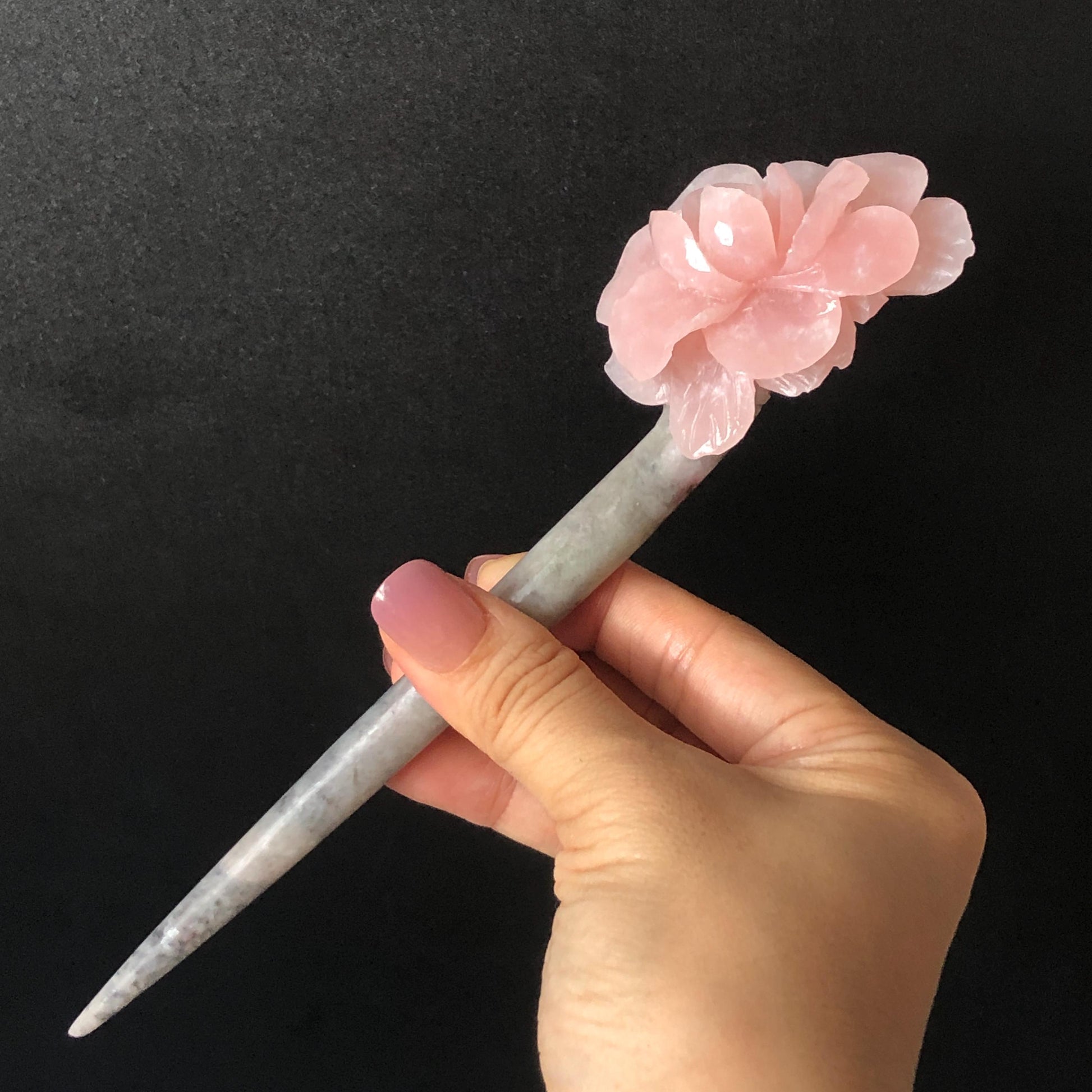 Xiu Jade Serpentine Hand Carved Pink Camellia Flower Hair Pin: Natural Pink & Grey Jade Handcrafted Hair Stick 3D stone carving Hair Jewelry | Asian Chinese Vintage Hanfu Hair Fork gift for her pink jade carving grey jade flower carving camellia carving hand engraved flower hairpins japanese hair stick korean hair pins vinatge hair fork chinese hair comb antique hairpins wedding headpiece engagement hair jewelry bridal shower gift bridal hair accessory 3D stone carving