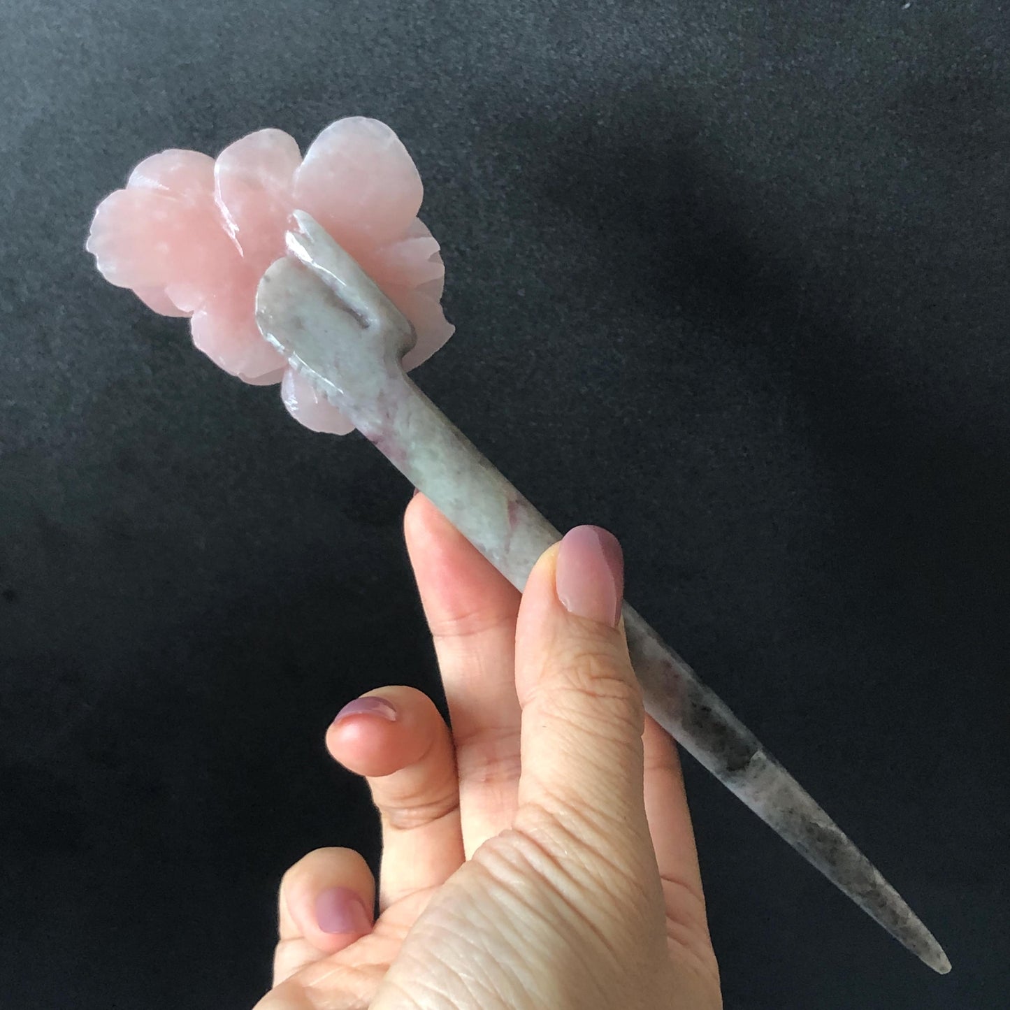 Xiu Jade Serpentine Hand Carved Pink Camellia Flower Hair Pin: Natural Pink & Grey Jade Handcrafted Hair Stick 3D stone carving Hair Jewelry | Asian Chinese Vintage Hanfu Hair Fork gift for her pink jade carving grey jade flower carving camellia carving hand engraved flower hairpins japanese hair stick korean hair pins vinatge hair fork chinese hair comb antique hairpins wedding headpiece engagement hair jewelry bridal shower gift bridal hair accessory 3D stone carving