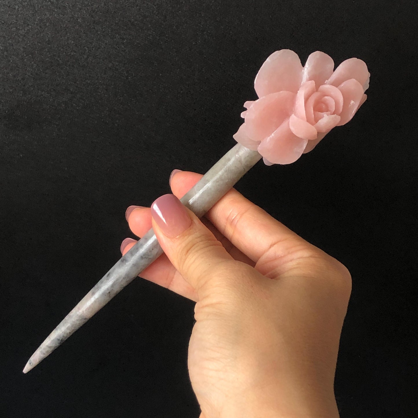 Xiu Jade Serpentine Hand Carved Pink Camellia Flower Hair Pin: Natural Pink & Grey Jade Handcrafted Hair Stick 3D stone carving Hair Jewelry | Asian Chinese Vintage Hanfu Hair Fork gift for her pink jade carving grey jade flower carving camellia carving hand engraved flower hairpins japanese hair stick korean hair pins vinatge hair fork chinese hair comb antique hairpins wedding headpiece engagement hair jewelry bridal shower gift bridal hair accessory 3D stone carving