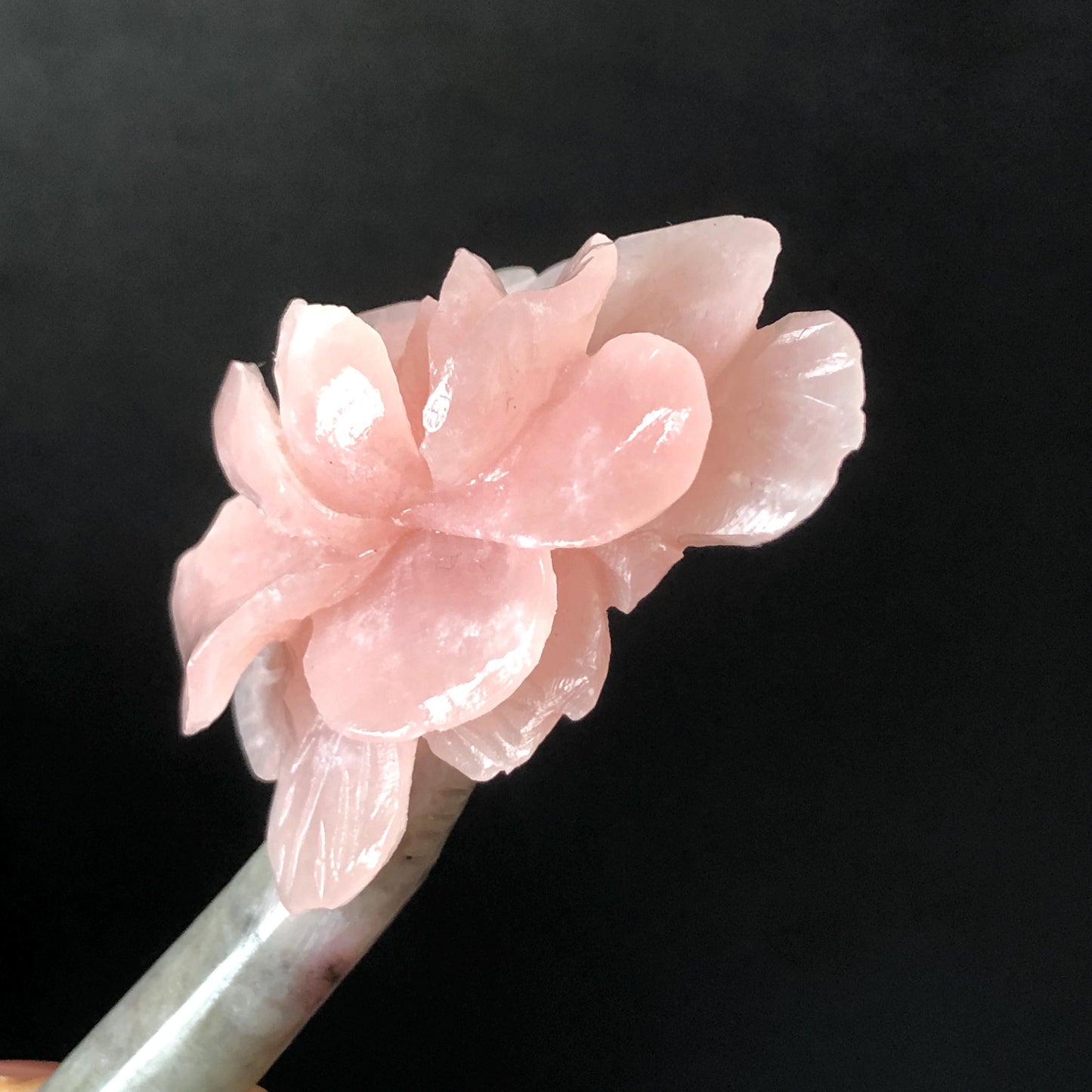 Xiu Jade Serpentine Hand Carved Pink Camellia Flower Hair Pin: Natural Pink & Grey Jade Handcrafted Hair Stick 3D stone carving Hair Jewelry | Asian Chinese Vintage Hanfu Hair Fork gift for her pink jade carving grey jade flower carving camellia carving hand engraved flower hairpins japanese hair stick korean hair pins vinatge hair fork chinese hair comb antique hairpins wedding headpiece engagement hair jewelry bridal shower gift bridal hair accessory 3D stone carving