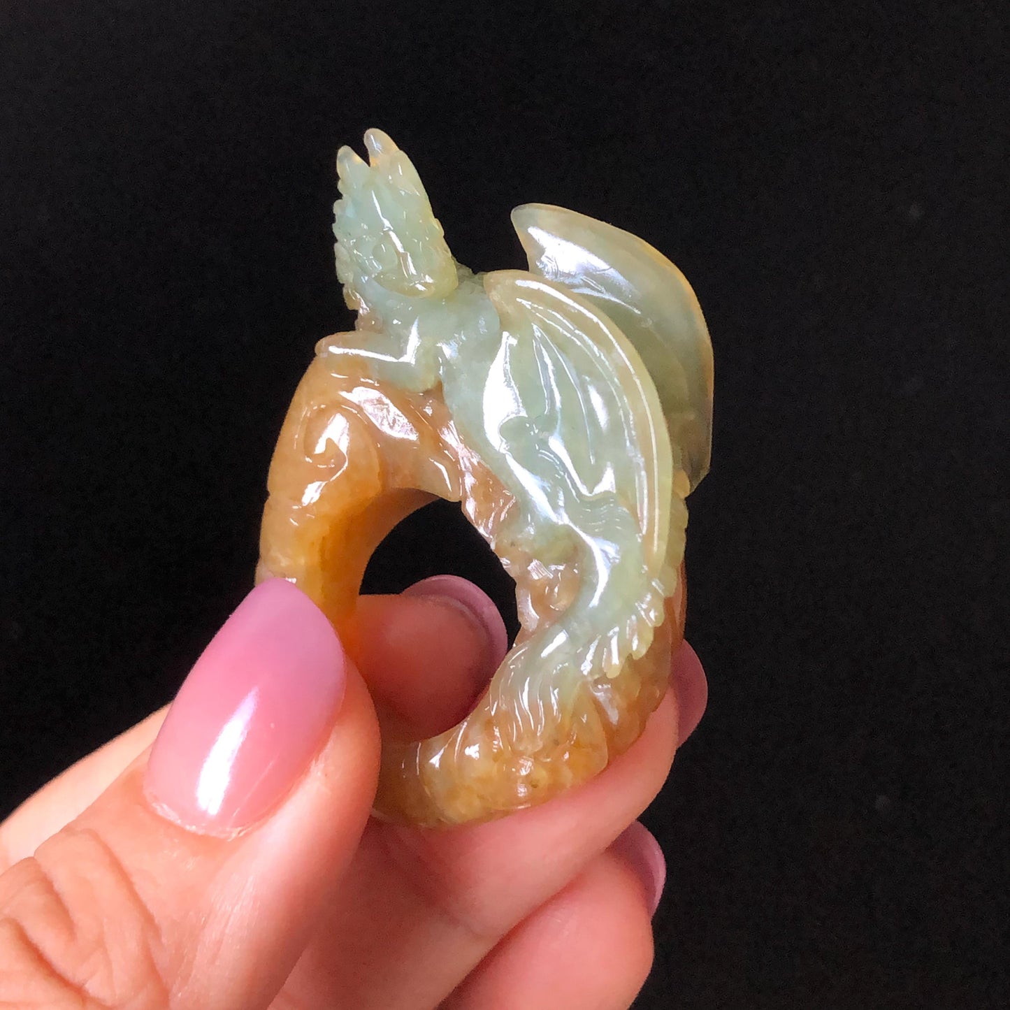 Xiu Jade Dragon Hand Carved Ring 17.2mm (US 6 - 6 1/4) : Natural Serpentine Bi-colour Yellow Green Jade Statement Ring 3D Stone Carving Band Ring gift for her green jade carving yellow jade multicolour jade dragon carving hand engraved statement ring hand carved jewelry natural untreated jade handcrafted jade ring hallow out style 3D carving Stone carving Gemstone Carving dragon Lover gift jade cocktail ring jade band ring thumb ring birthday gift