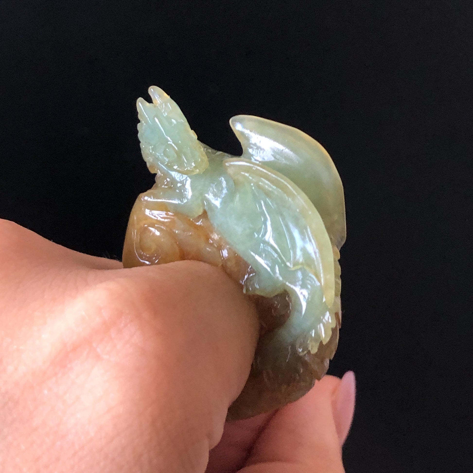 Xiu Jade Dragon Hand Carved Ring 17.2mm (US 6 - 6 1/4) : Natural Serpentine Bi-colour Yellow Green Jade Statement Ring 3D Stone Carving Band Ring gift for her green jade carving yellow jade multicolour jade dragon carving hand engraved statement ring hand carved jewelry natural untreated jade handcrafted jade ring hallow out style 3D carving Stone carving Gemstone Carving dragon Lover gift jade cocktail ring jade band ring thumb ring birthday gift