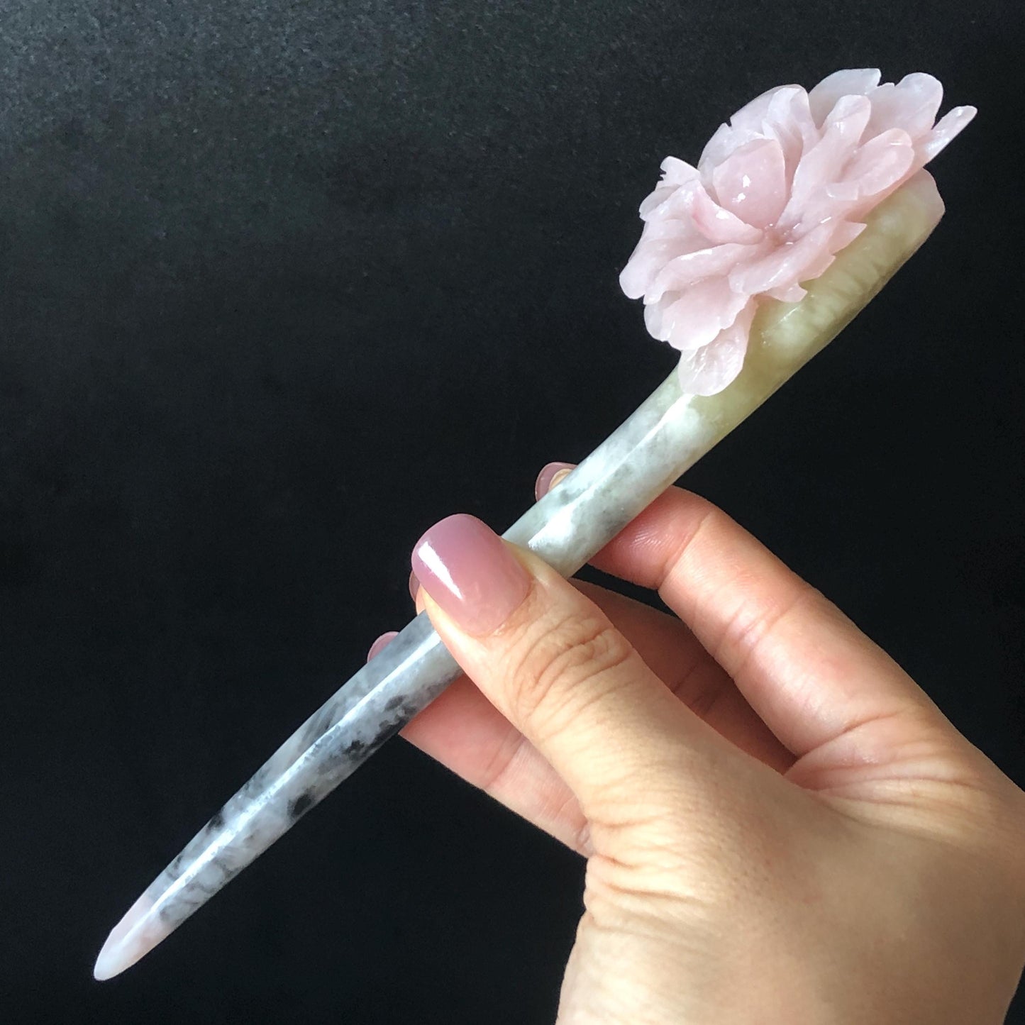 Xiu Jade Serpentine Hand Carved Pink Yulan Flower Hair Pin: Natural Pink Grey Green Jade Handcrafted Hair Stick 3D stone carving Hair Jewelry | Asian Chinese Vintage Hanfu Hair Fork gift for her pink jade carving green jade grey jade flower carving yulan carving hand engraved yulan hairpins japanese hair stick korean hair pins vinatge hair fork chinese hair comb antique hairpins wedding headpiece engagement hair jewelry bridal shower gift bridal hair accessory 3D stone carving