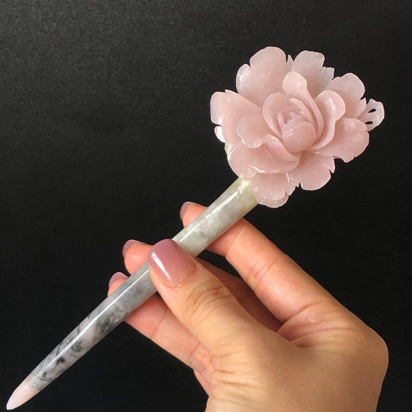 Xiu Jade Serpentine Hand Carved Pink Yulan Flower Hair Pin: Natural Pink Grey Green Jade Handcrafted Hair Stick 3D stone carving Hair Jewelry | Asian Chinese Vintage Hanfu Hair Fork gift for her pink jade carving green jade grey jade flower carving yulan carving hand engraved yulan hairpins japanese hair stick korean hair pins vinatge hair fork chinese hair comb antique hairpins wedding headpiece engagement hair jewelry bridal shower gift bridal hair accessory 3D stone carving