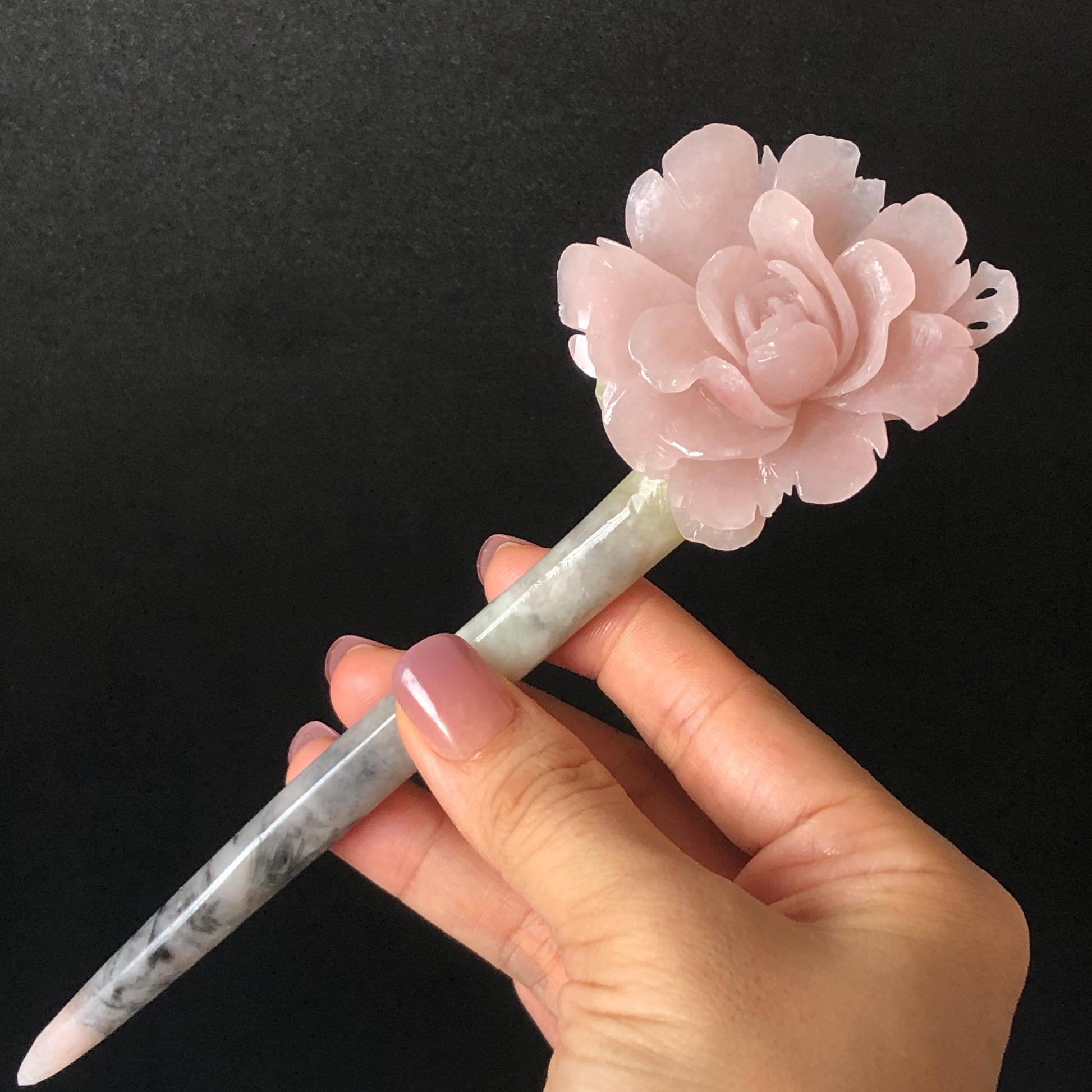 Xiu Jade Serpentine Hand Carved Pink Yulan Flower Hair Pin: Natural Pink Grey Green Jade Handcrafted Hair Stick 3D stone carving Hair Jewelry | Asian Chinese Vintage Hanfu Hair Fork gift for her pink jade carving green jade grey jade flower carving yulan carving hand engraved yulan hairpins japanese hair stick korean hair pins vinatge hair fork chinese hair comb antique hairpins wedding headpiece engagement hair jewelry bridal shower gift bridal hair accessory 3D stone carving