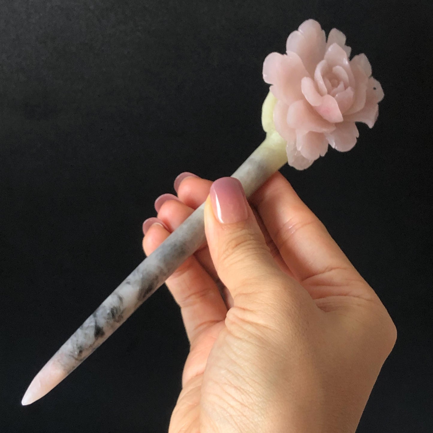 Xiu Jade Serpentine Hand Carved Pink Yulan Flower Hair Pin: Natural Pink Grey Green Jade Handcrafted Hair Stick 3D stone carving Hair Jewelry | Asian Chinese Vintage Hanfu Hair Fork gift for her pink jade carving green jade grey jade flower carving yulan carving hand engraved yulan hairpins japanese hair stick korean hair pins vinatge hair fork chinese hair comb antique hairpins wedding headpiece engagement hair jewelry bridal shower gift bridal hair accessory 3D stone carving